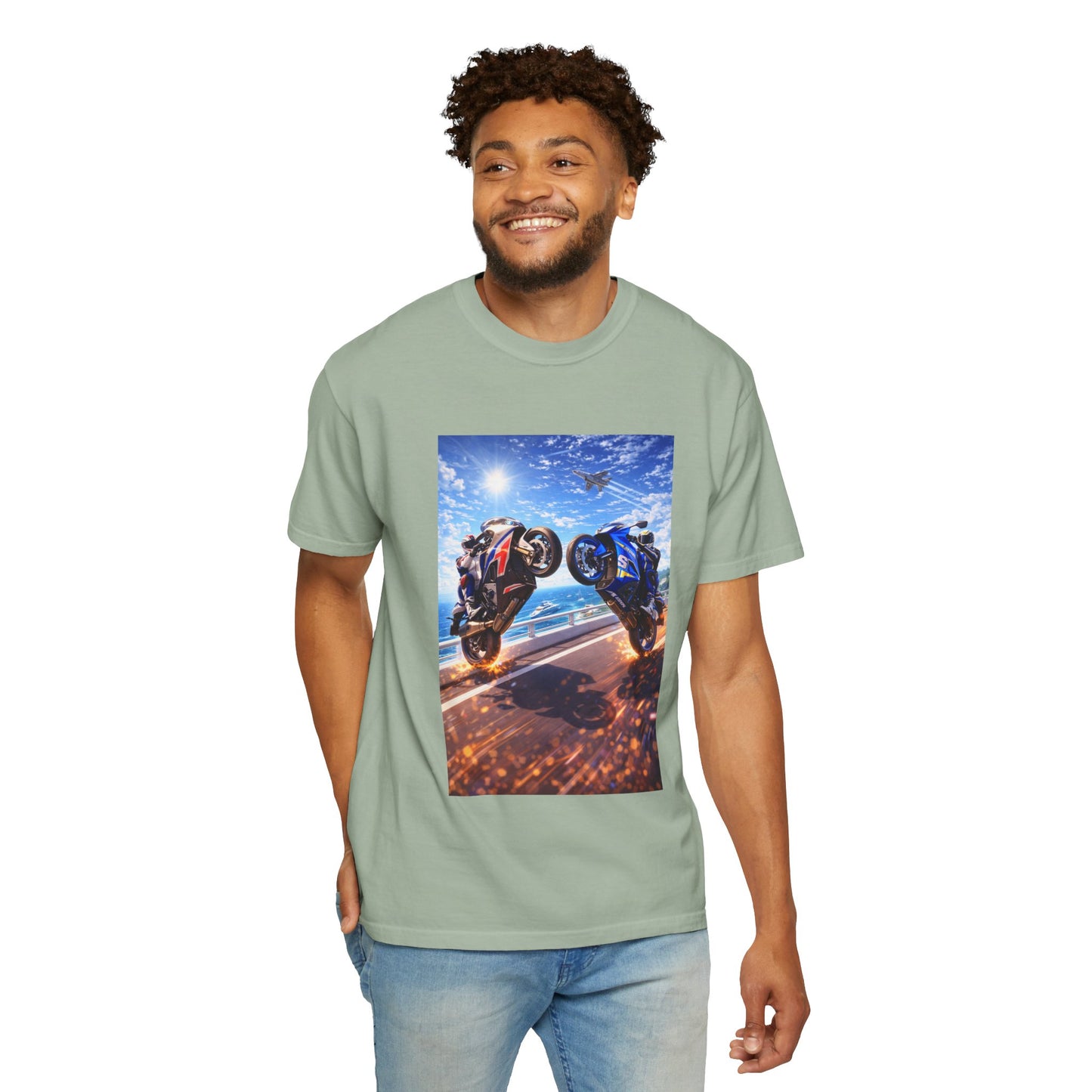 Stunt Riders Motorcycle T-Shirt — Two Bike Wheelie Racing Graphic Tee