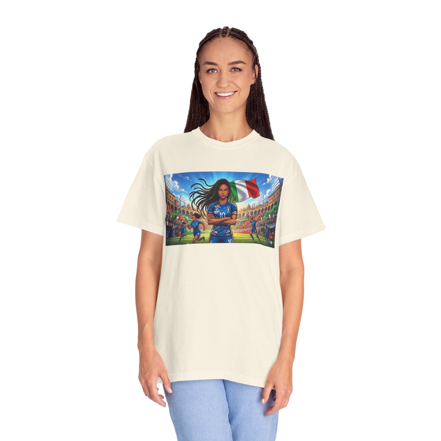 Italian Soccer Fan T‑Shirt – Inspirational Female Player with Italy Flag Stadium Print