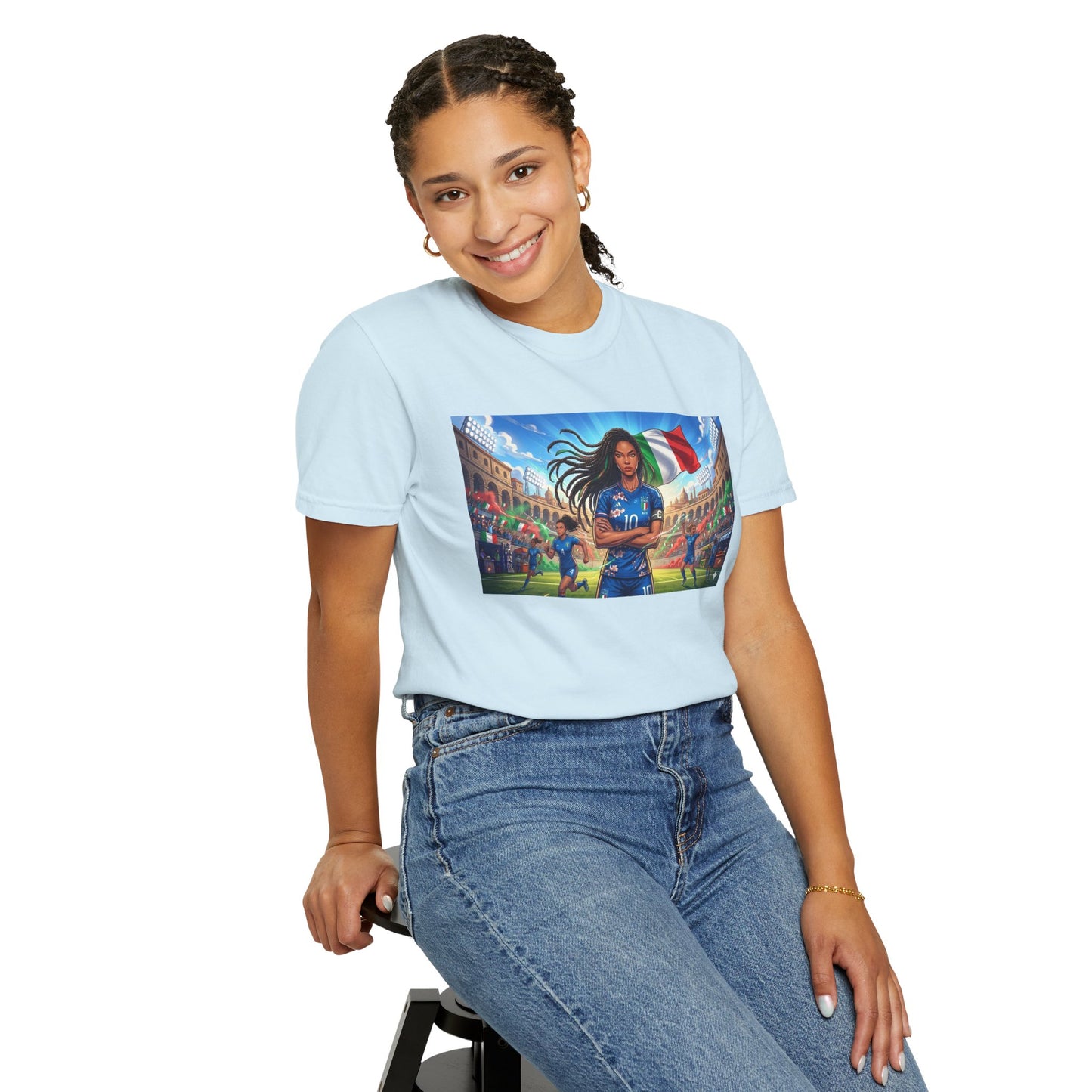 Italian Soccer Fan T‑Shirt – Inspirational Female Player with Italy Flag Stadium Print