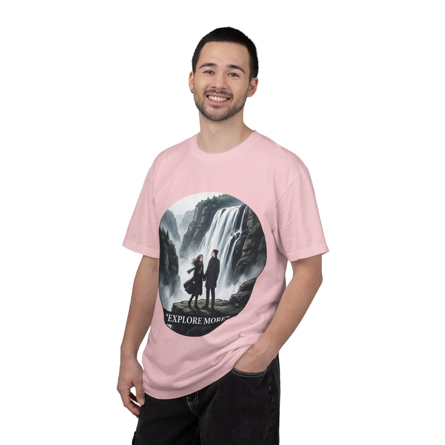 Explore More T-Shirt — Adventure Graphic Tee with Waterfall Scene