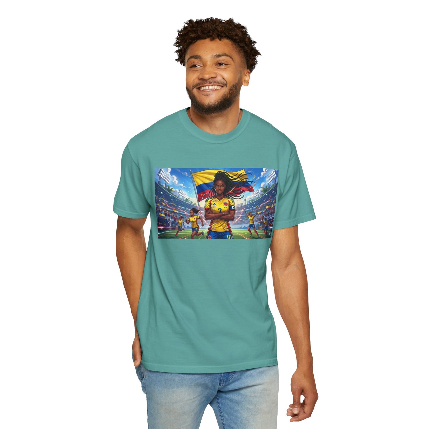 Soccer Champion Graphic T-Shirt — Woman Goalkeeper Stadium Art