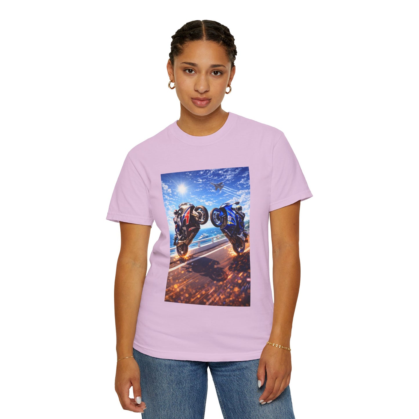 Stunt Riders Motorcycle T-Shirt — Two Bike Wheelie Racing Graphic Tee