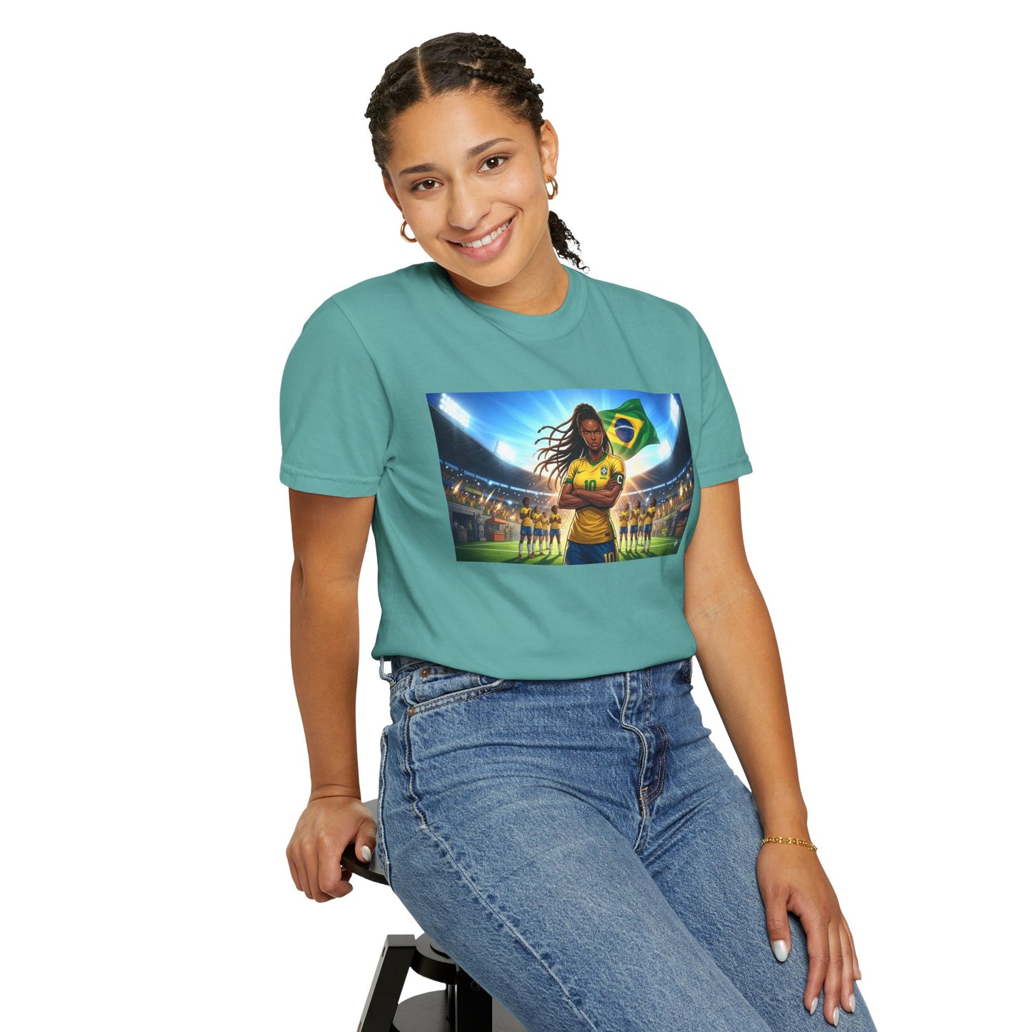 Brazil Soccer Captain T-Shirt — Player Holding Ball with Brazilian Flag Stadium Graphic