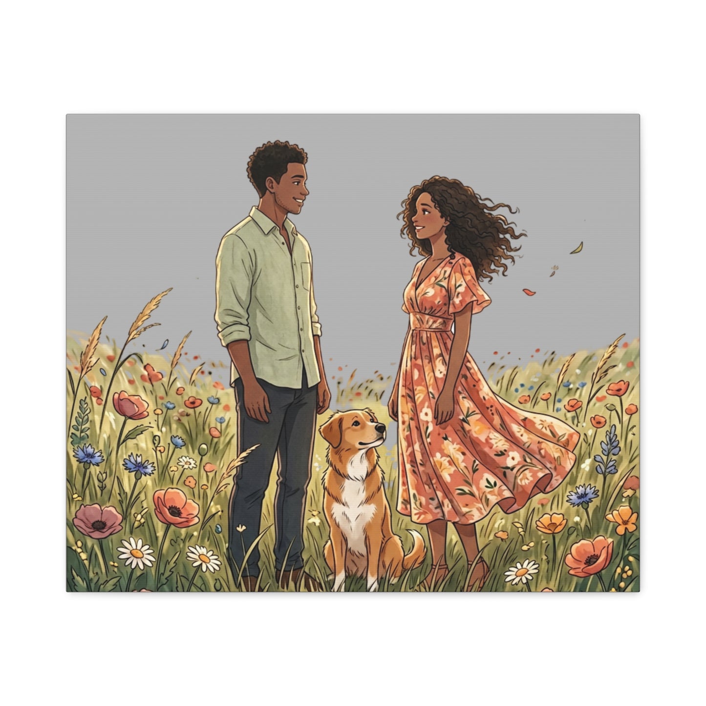 Romantic Couple in Wildflower Field Canvas Art — Black Love Wall Decor with Dog