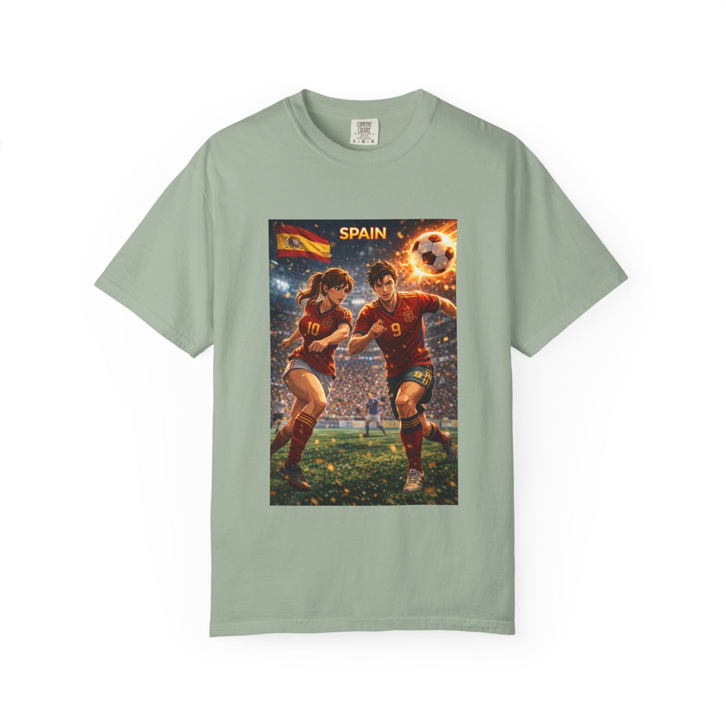 Spain Soccer Graphic T-Shirt — Retro Match Scene with Flag