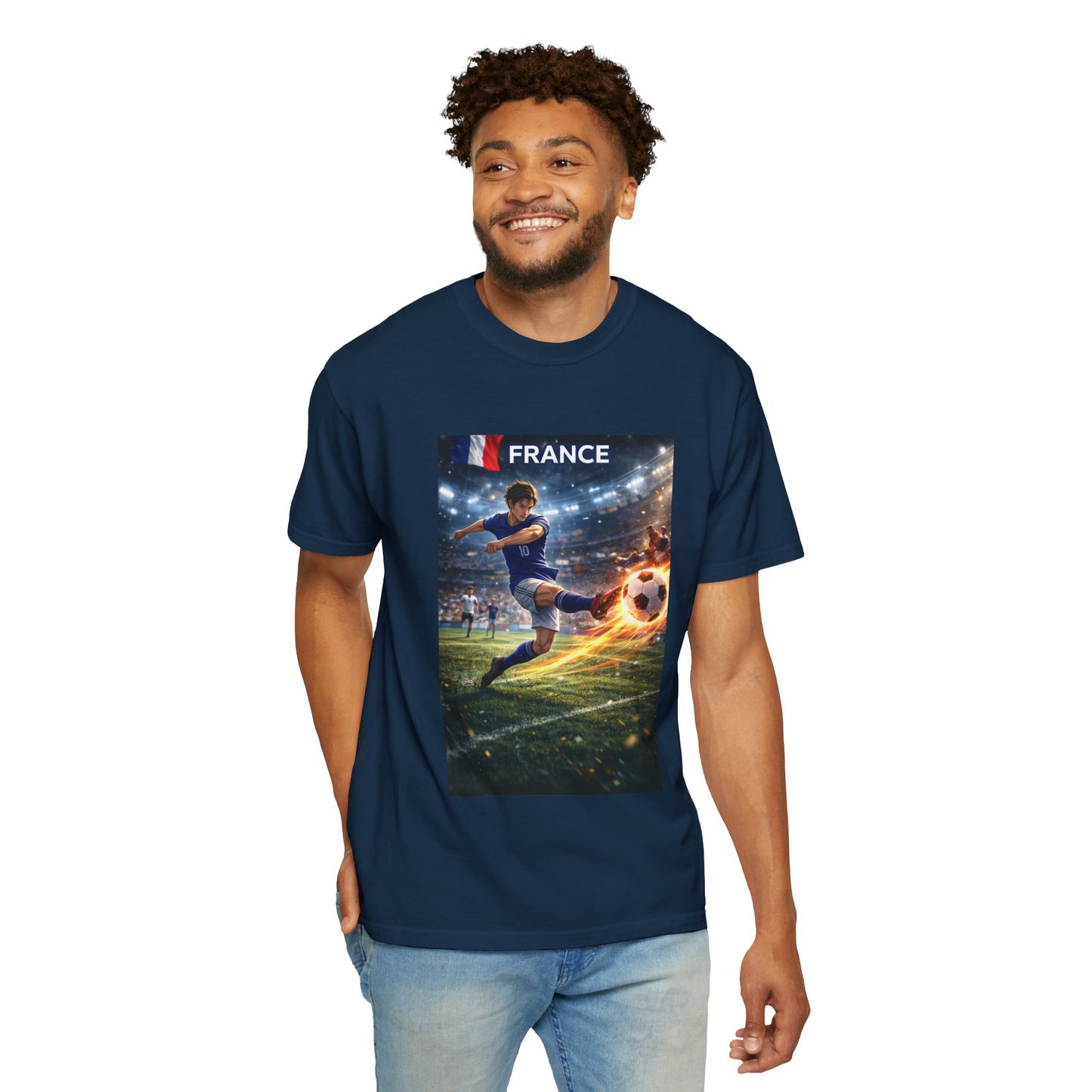 France Soccer Player Graphic T-Shirt — Football Kick Stadium Design