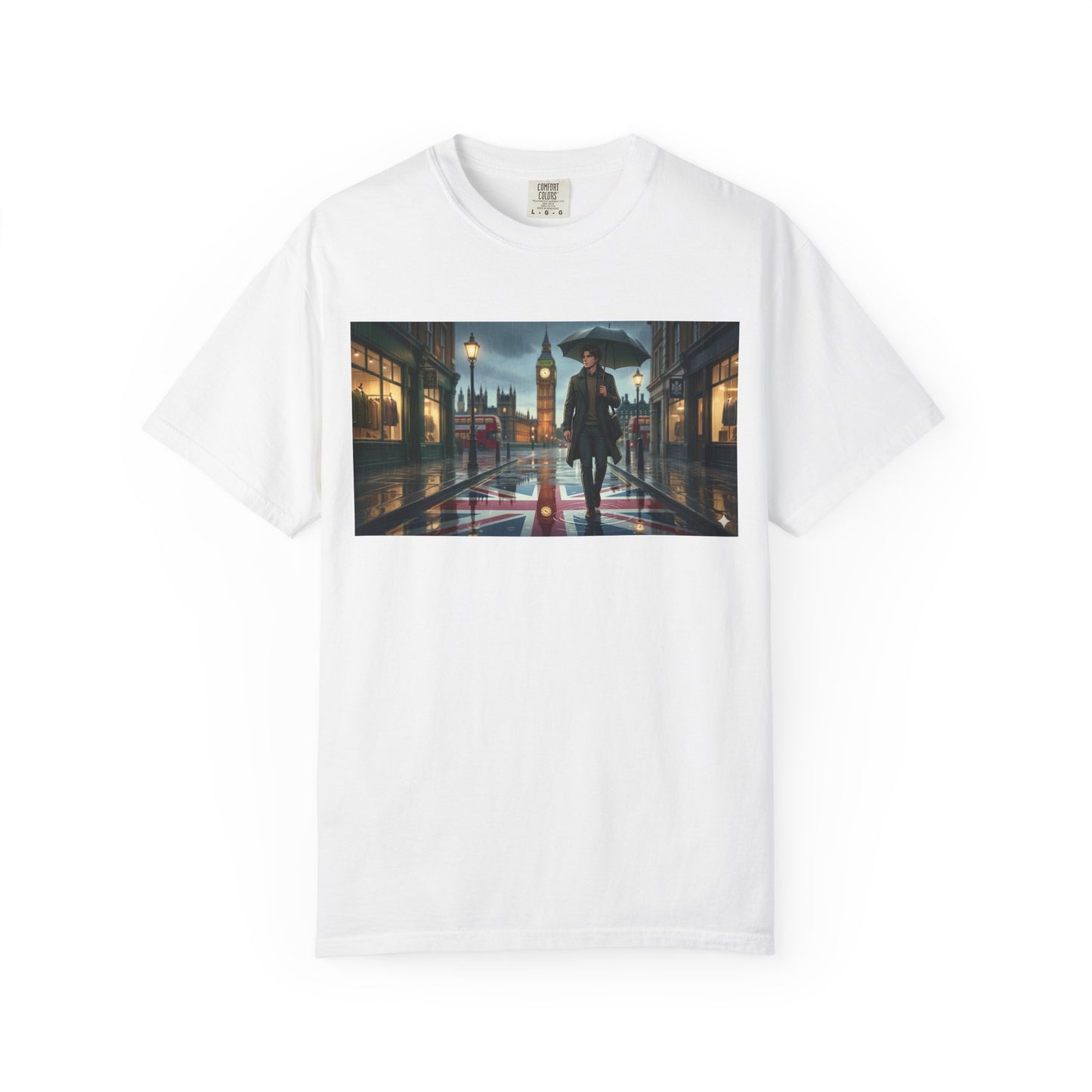T-Shirt — Rainy London Street Scene Graphic Tee (Big Ben, Umbrella, Night Cityscape)