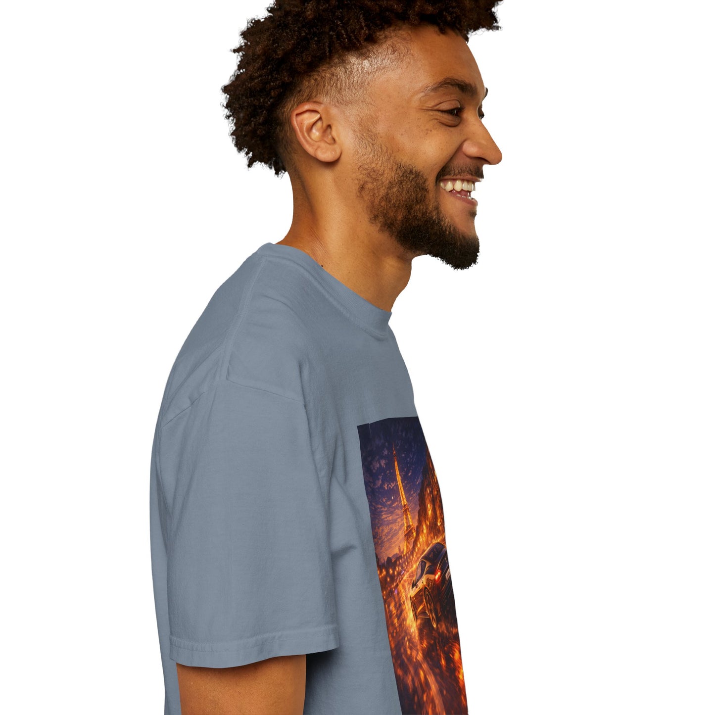 Paris Night Drive T-Shirt — Sports Car in Rainy Cityscape