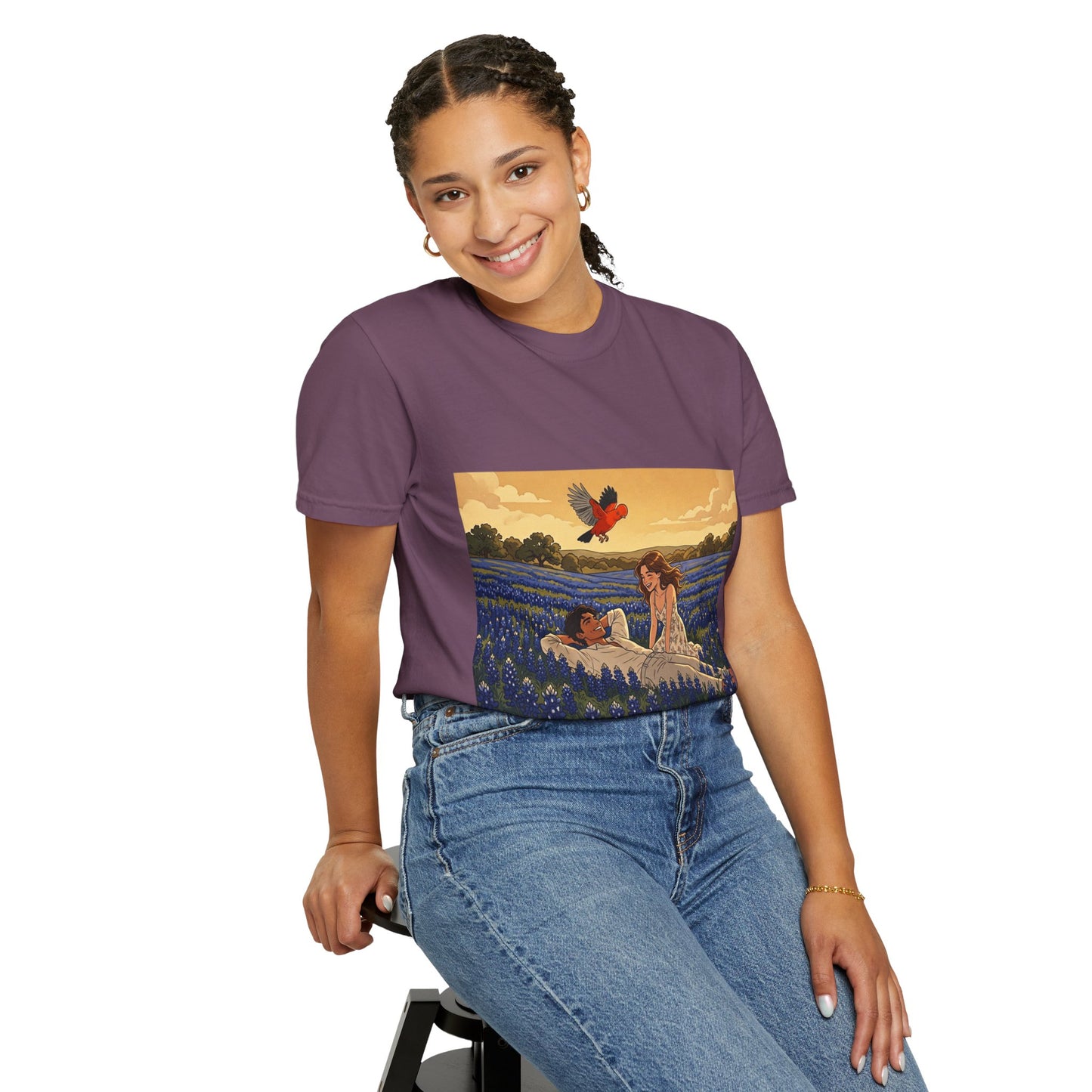 Romantic Bluebonnet Field T-Shirt — Couple in Wildflower Meadow Art Tee