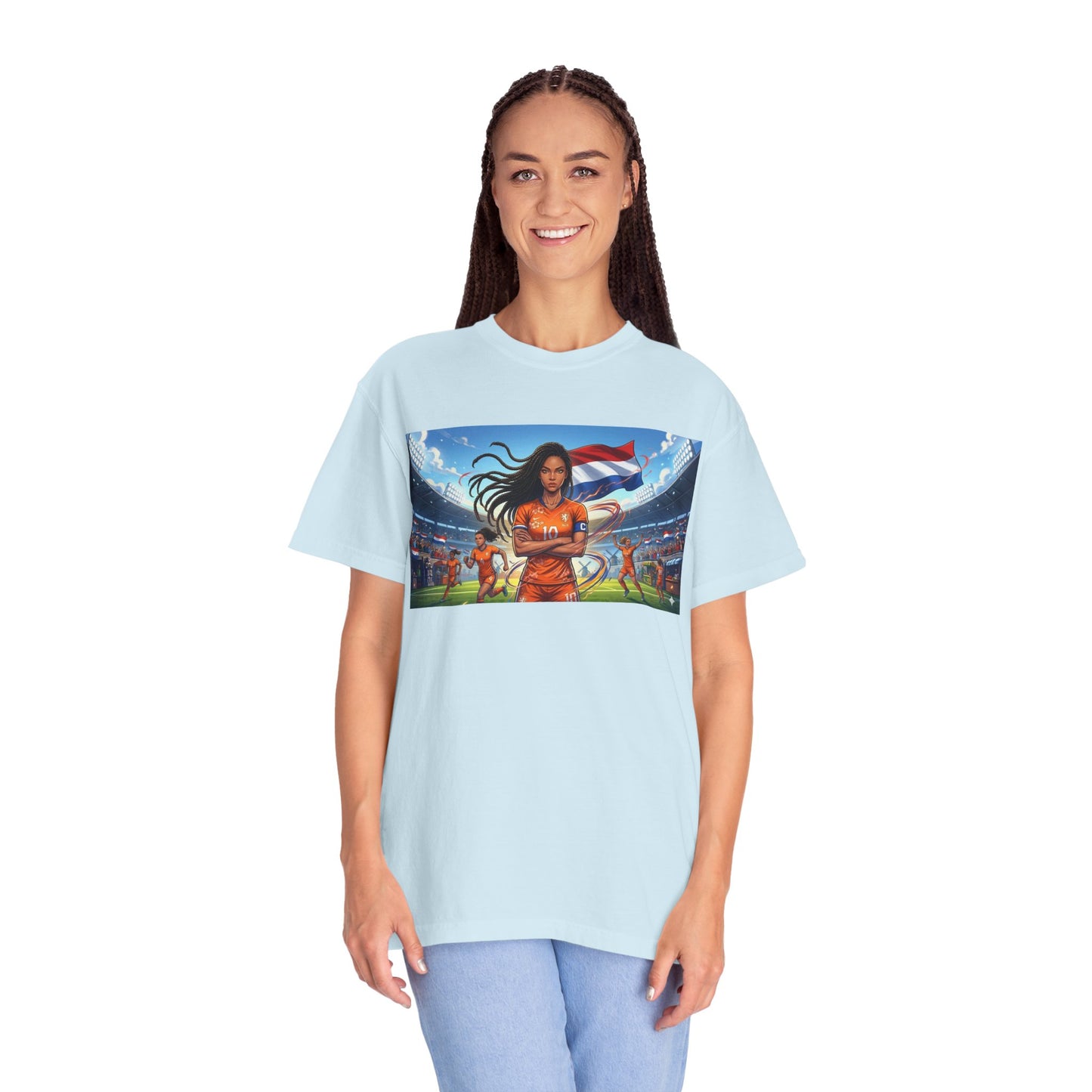 Soccer Warrior T-Shirt — Netherlands Female Captain with Flag Stadium Graphic