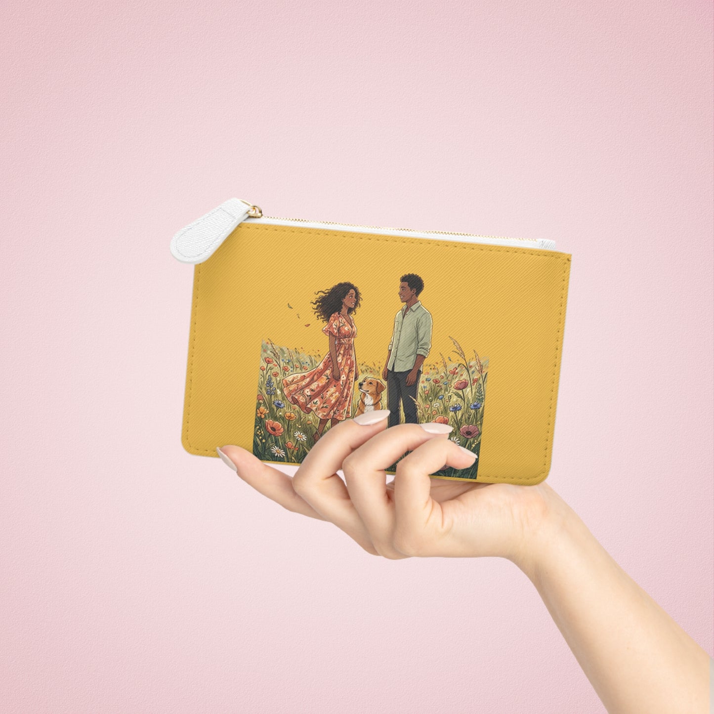Mini Clutch Bag — Romantic Couple & Dog Illustration on Mustard