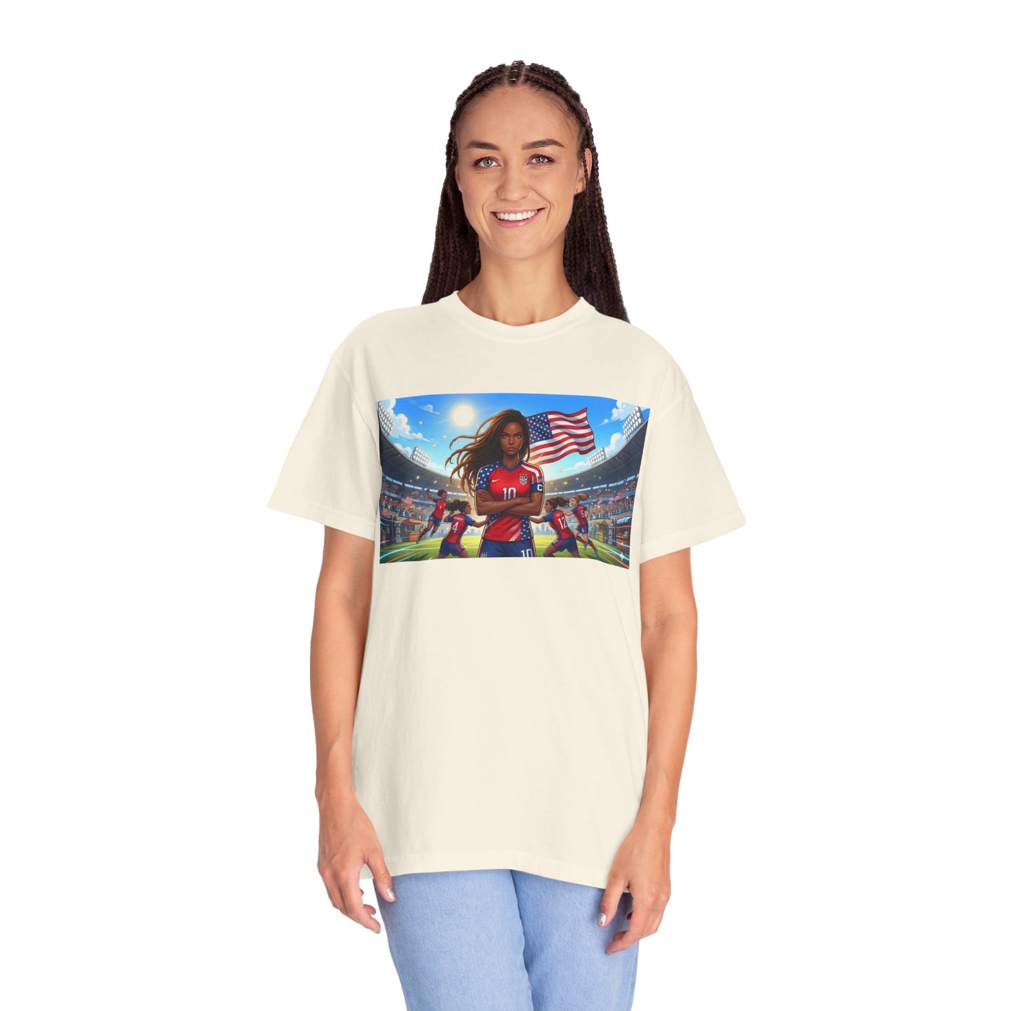 Soccer Mom USA T-Shirt — Female Soccer Player with American Flag Stadium Graphic