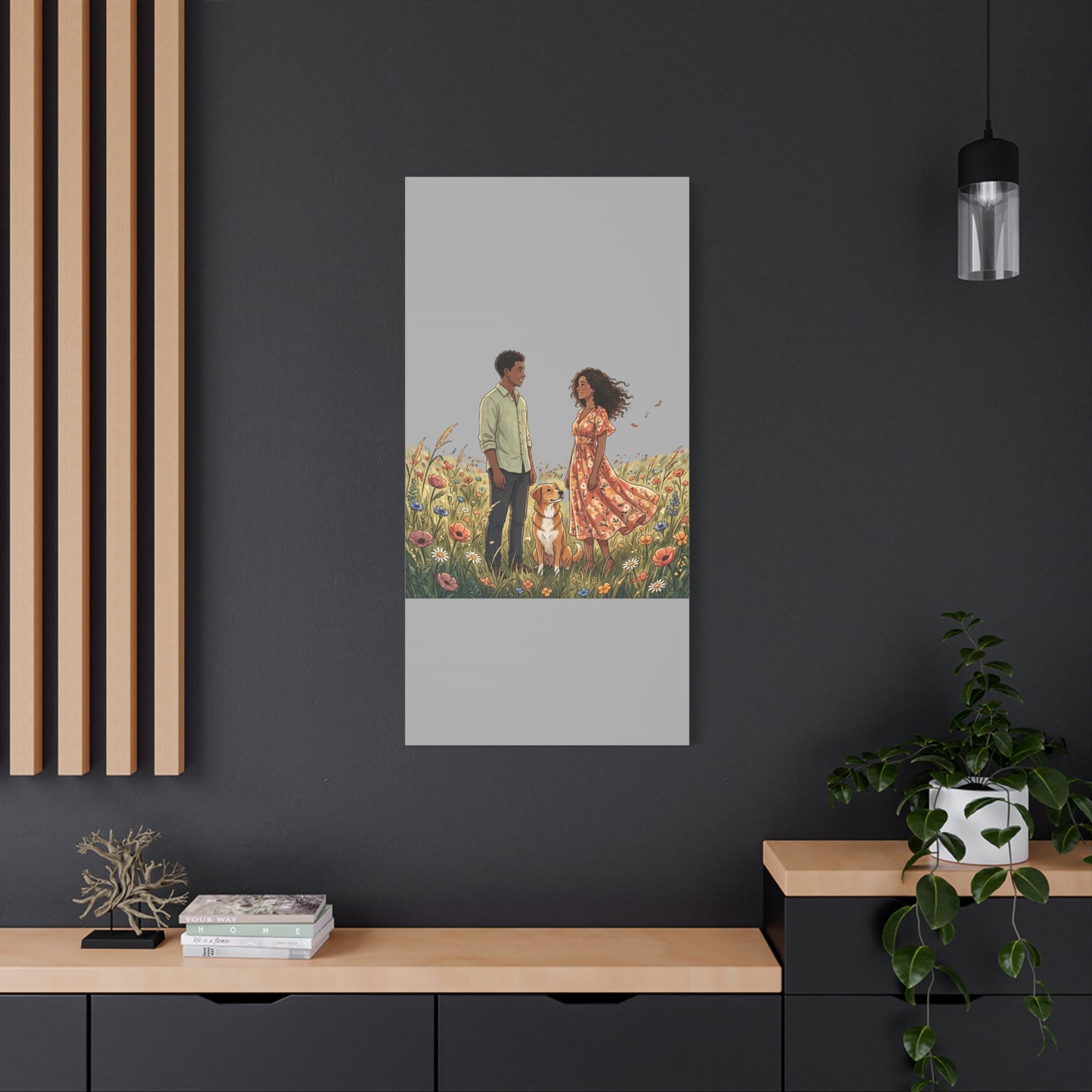 Romantic Couple in Wildflower Field Canvas Art — Black Love Wall Decor with Dog