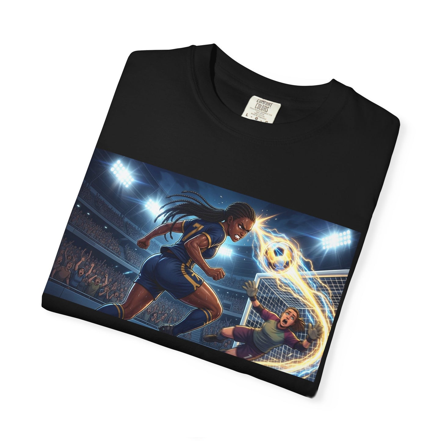 Soccer Duel Graphic T-Shirt — Futuristic Goalkeeper vs Striker Stadium Print