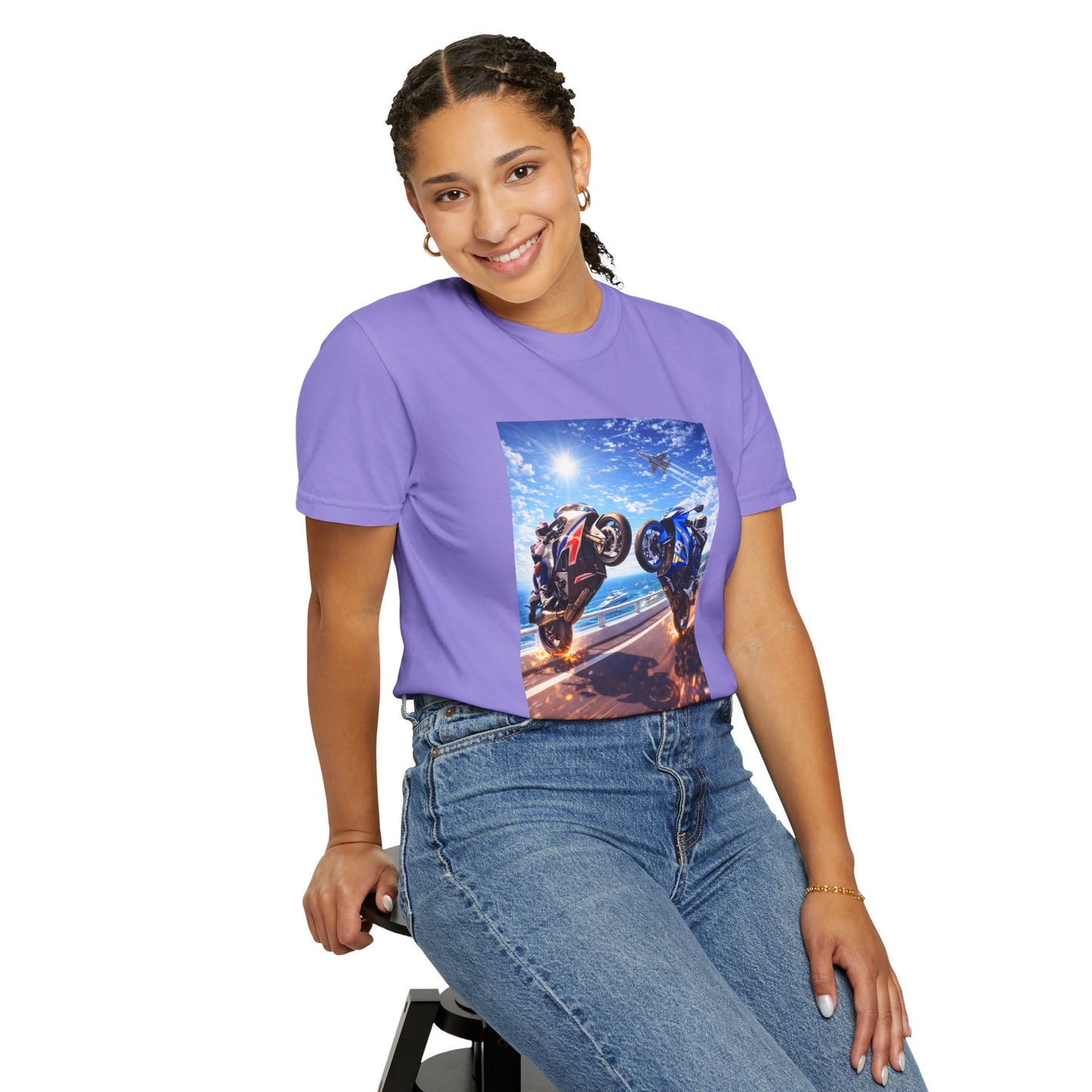 Stunt Riders Motorcycle T-Shirt — Two Bike Wheelie Racing Graphic Tee