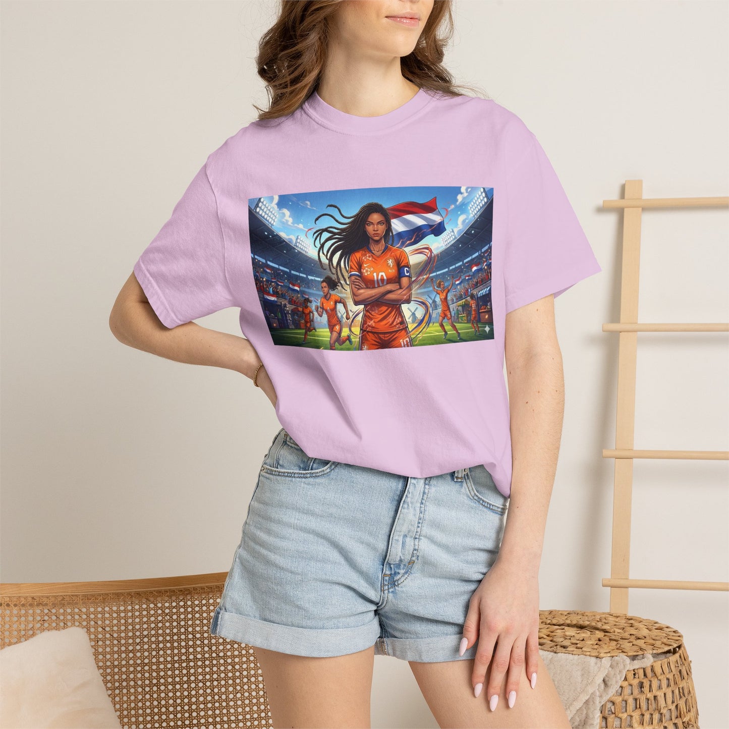 Soccer Warrior T-Shirt — Netherlands Female Captain with Flag Stadium Graphic