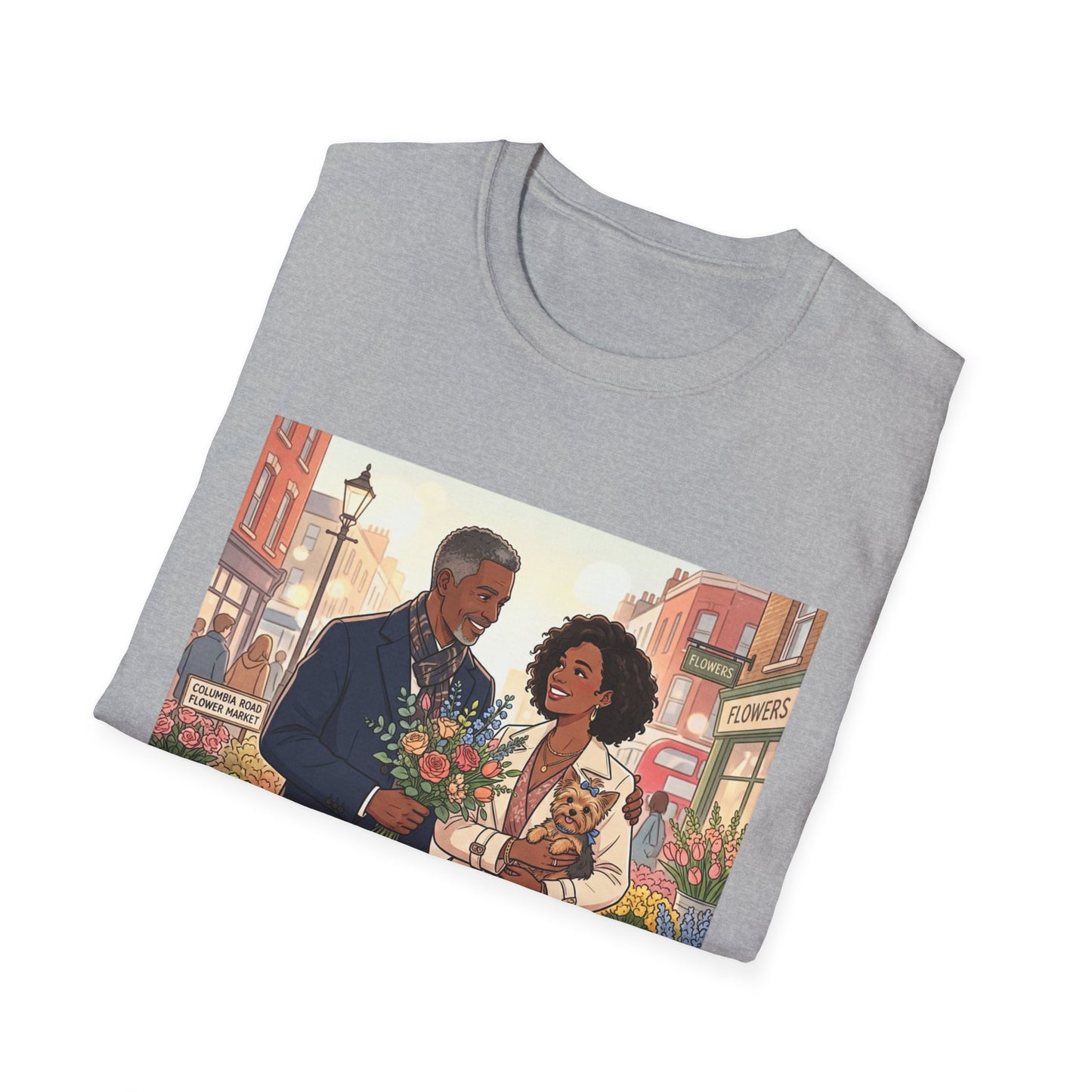 Romantic City Stroll T-Shirt — Couple Bouquet Illustration