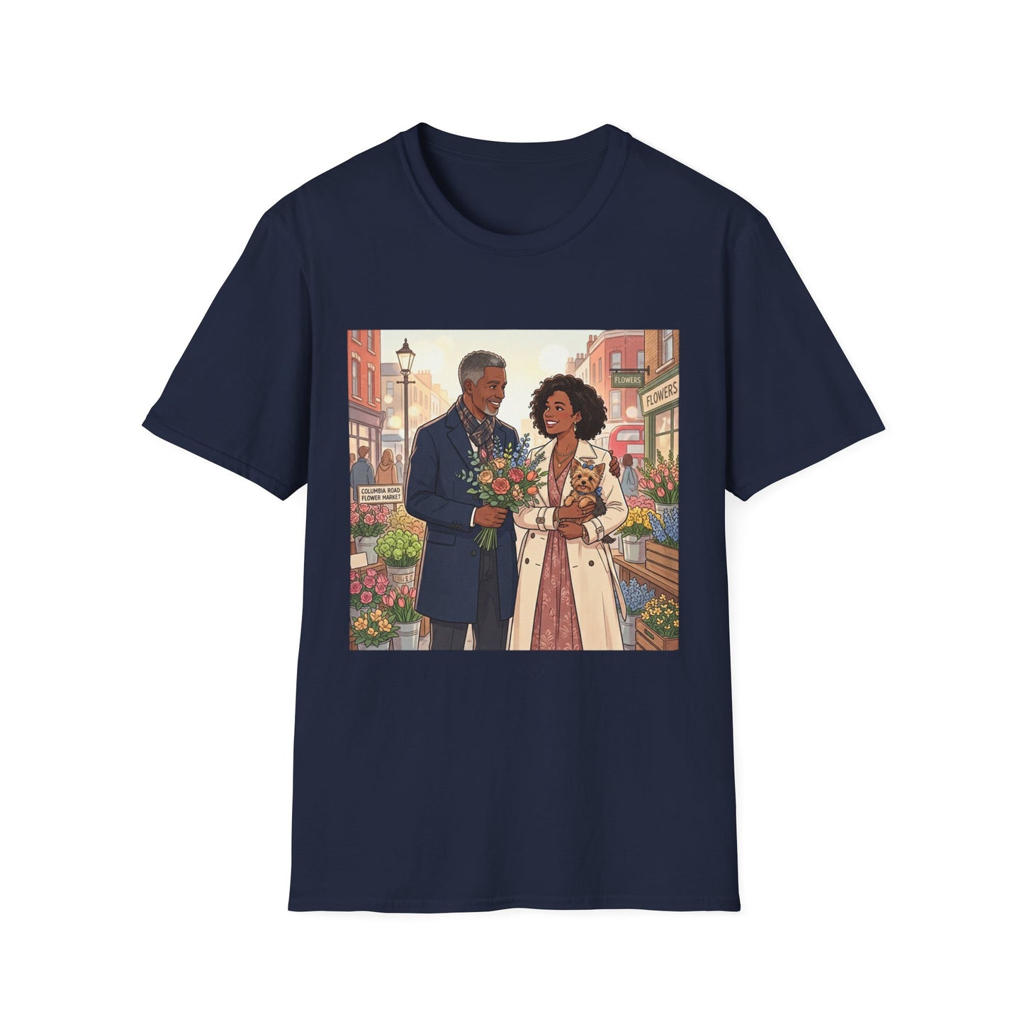 Romantic City Stroll T-Shirt — Couple Bouquet Illustration