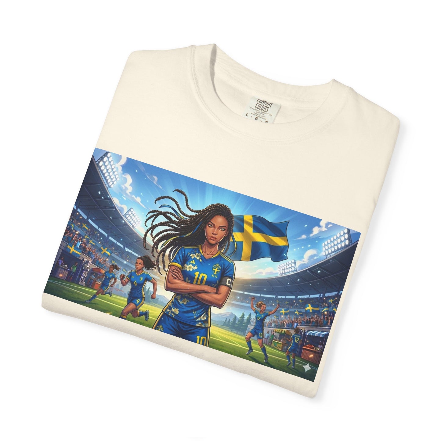 Swedish Soccer Pride T-Shirt — Female Footballer with Flag Stadium Design