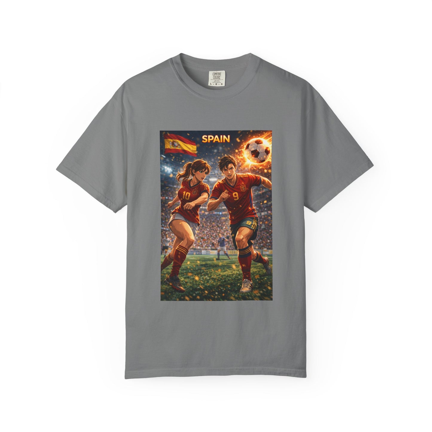Spain Soccer Graphic T-Shirt — Retro Match Scene with Flag