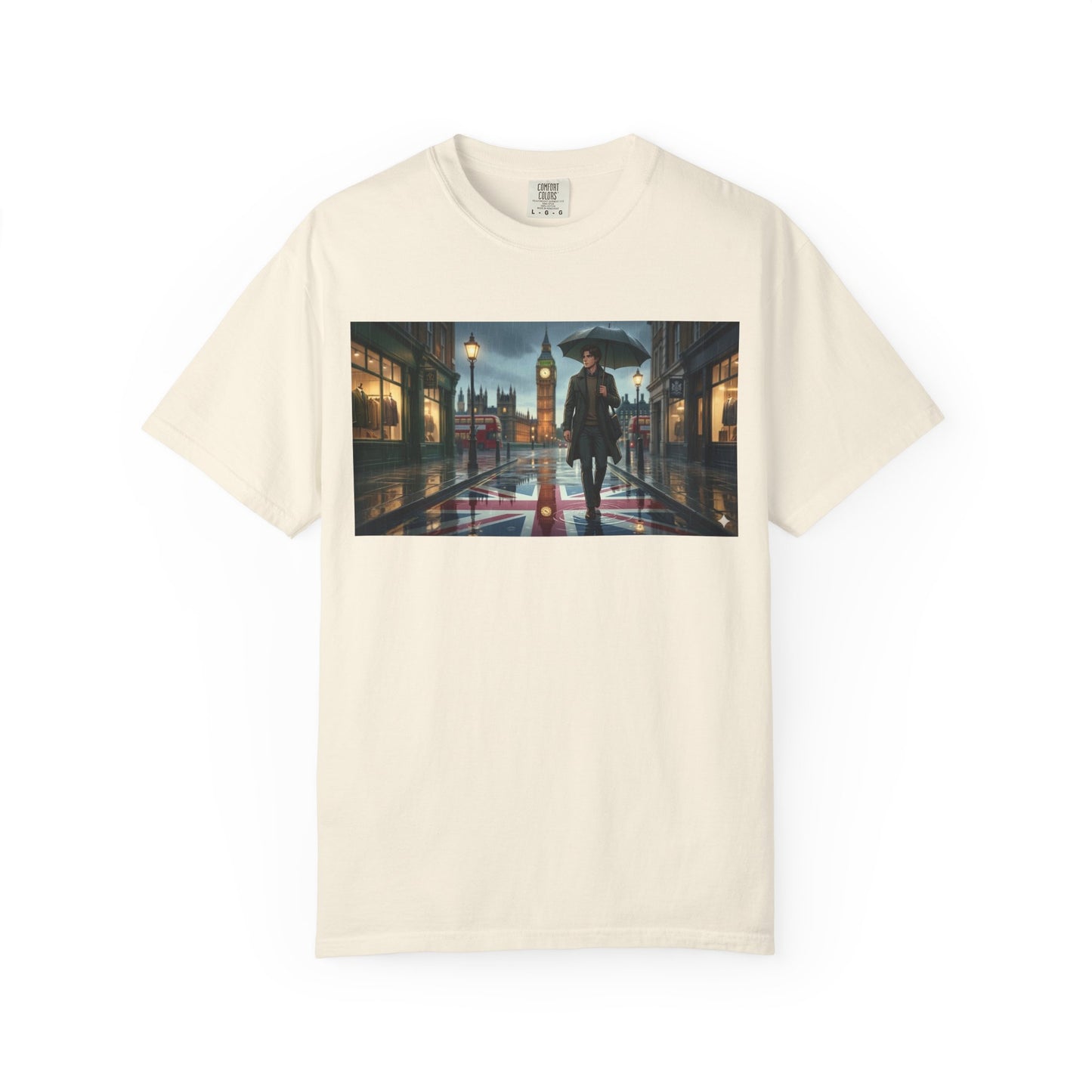 T-Shirt — Rainy London Street Scene Graphic Tee (Big Ben, Umbrella, Night Cityscape)