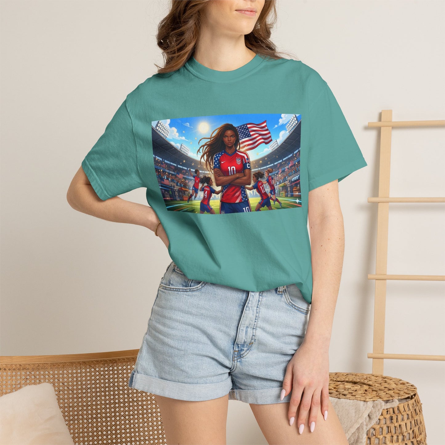 Soccer Mom USA T-Shirt — Female Soccer Player with American Flag Stadium Graphic