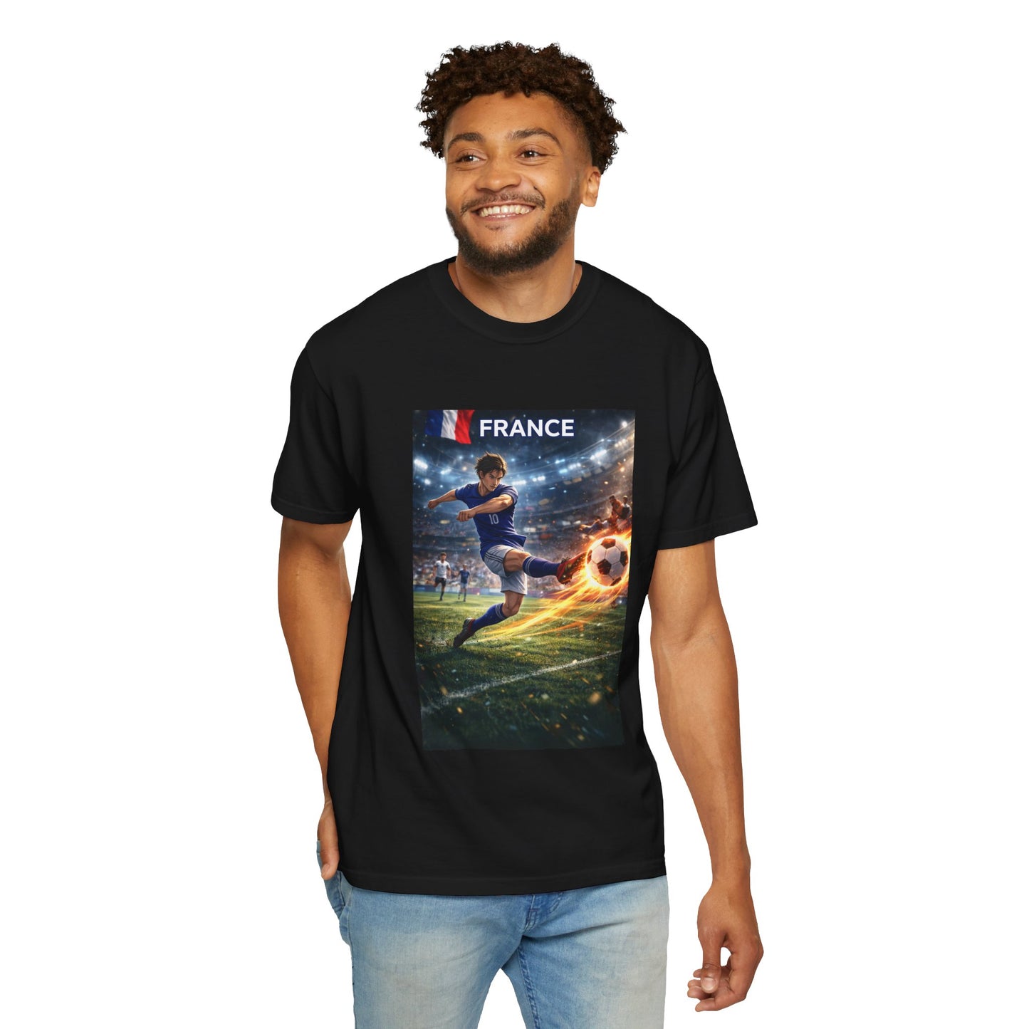 France Soccer Player Graphic T-Shirt — Football Kick Stadium Design