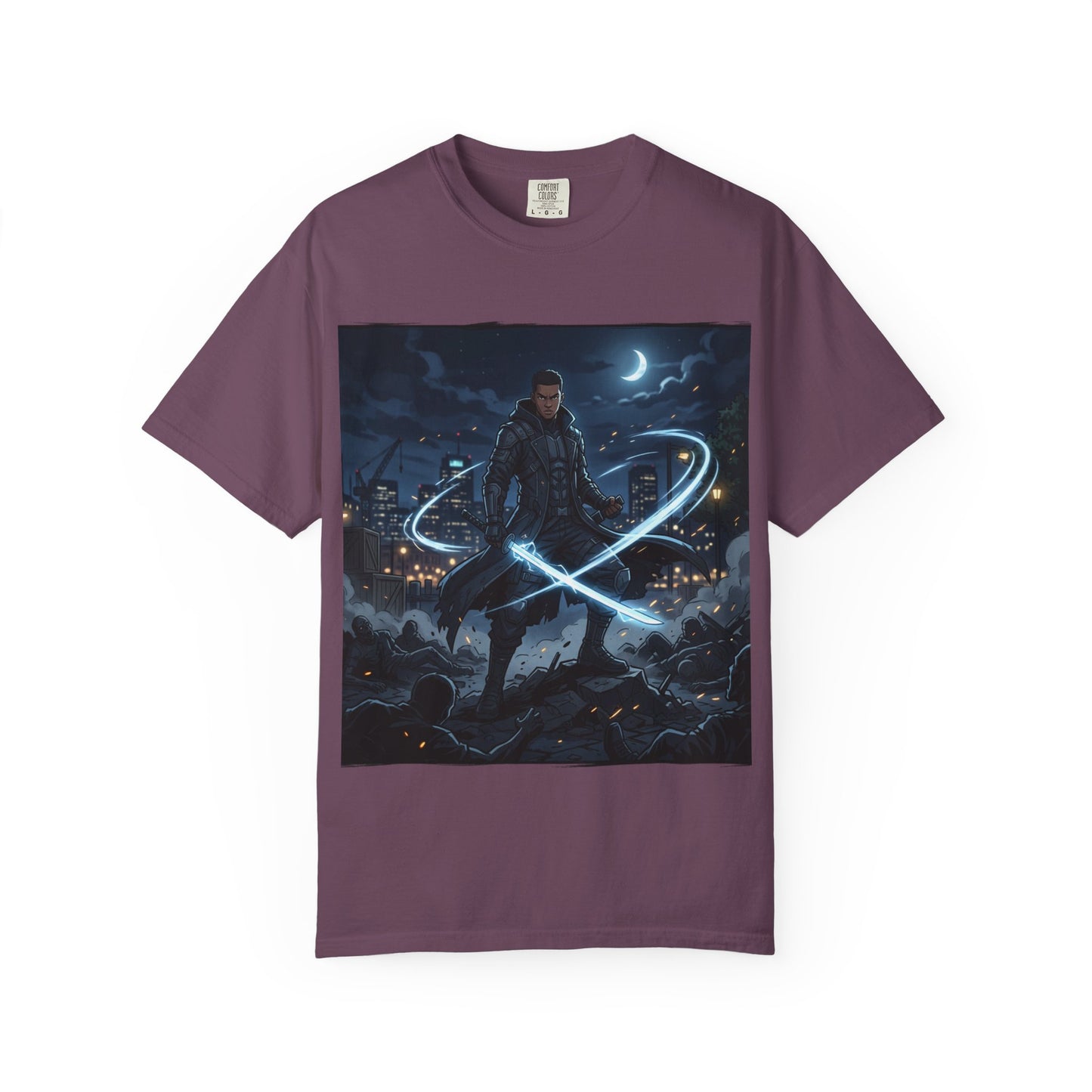 Urban Night Warrior T-Shirt — Neon Samurai Cityscape