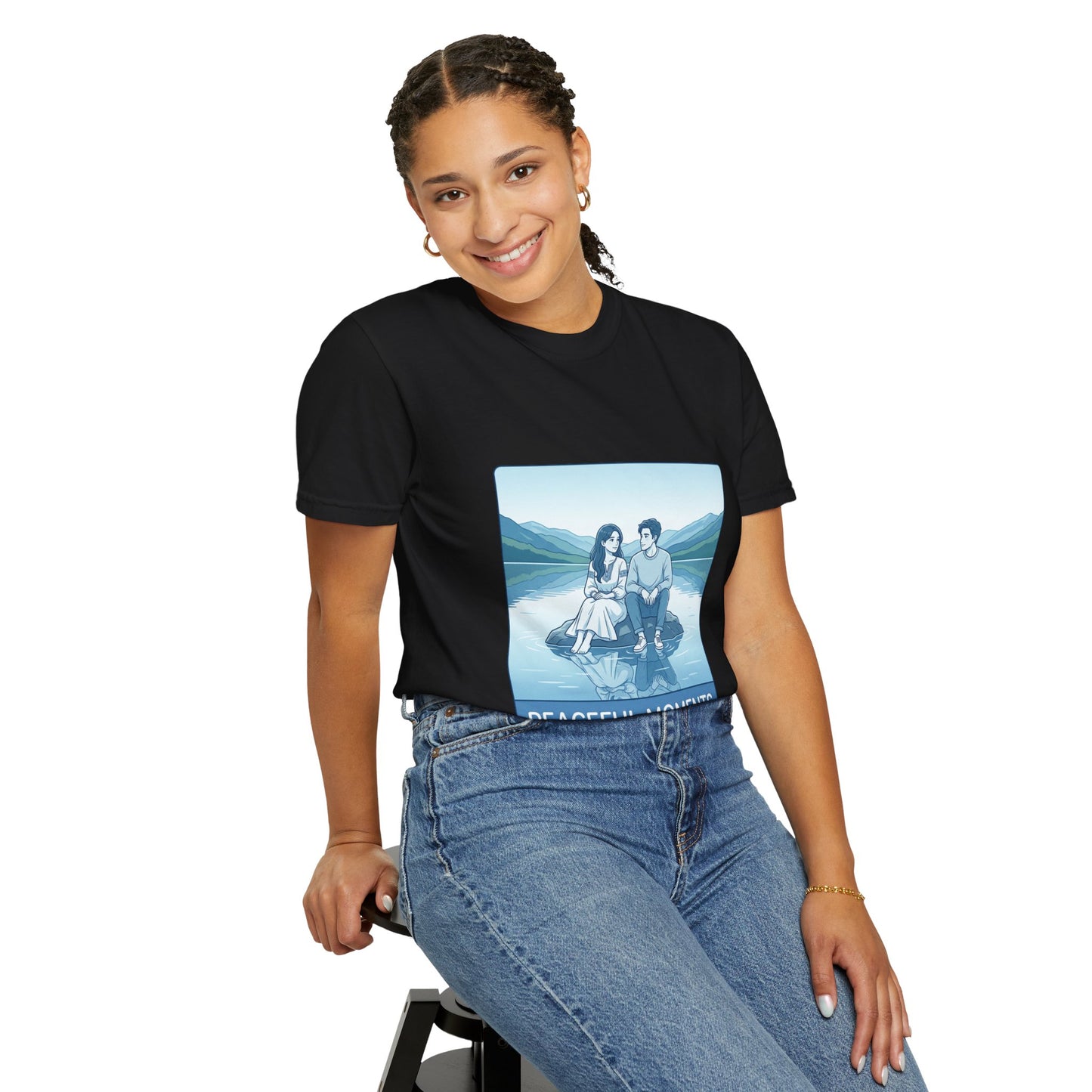 Peaceful Moments Tee — Couple Sitting by Lake Graphic T-Shirt
