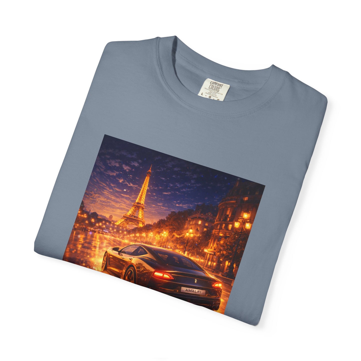 Paris Night Drive T-Shirt — Sports Car in Rainy Cityscape