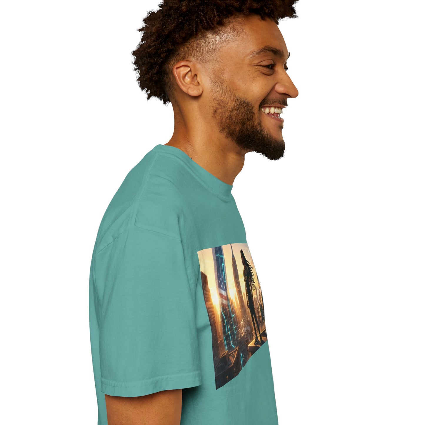 Cyberpunk Cityscape T-Shirt — Silhouette Hero at Sunset