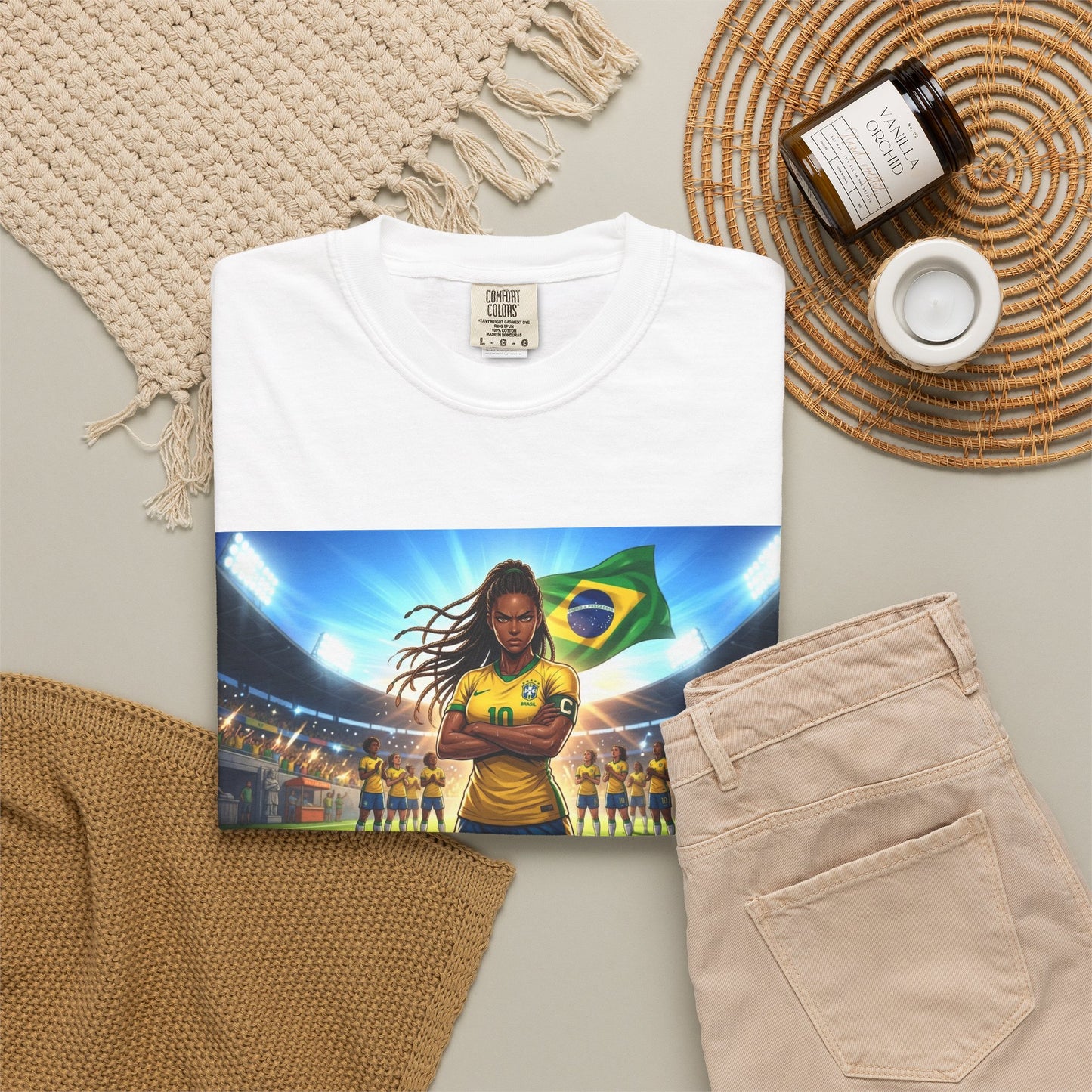 Brazil Soccer Captain T-Shirt — Player Holding Ball with Brazilian Flag Stadium Graphic