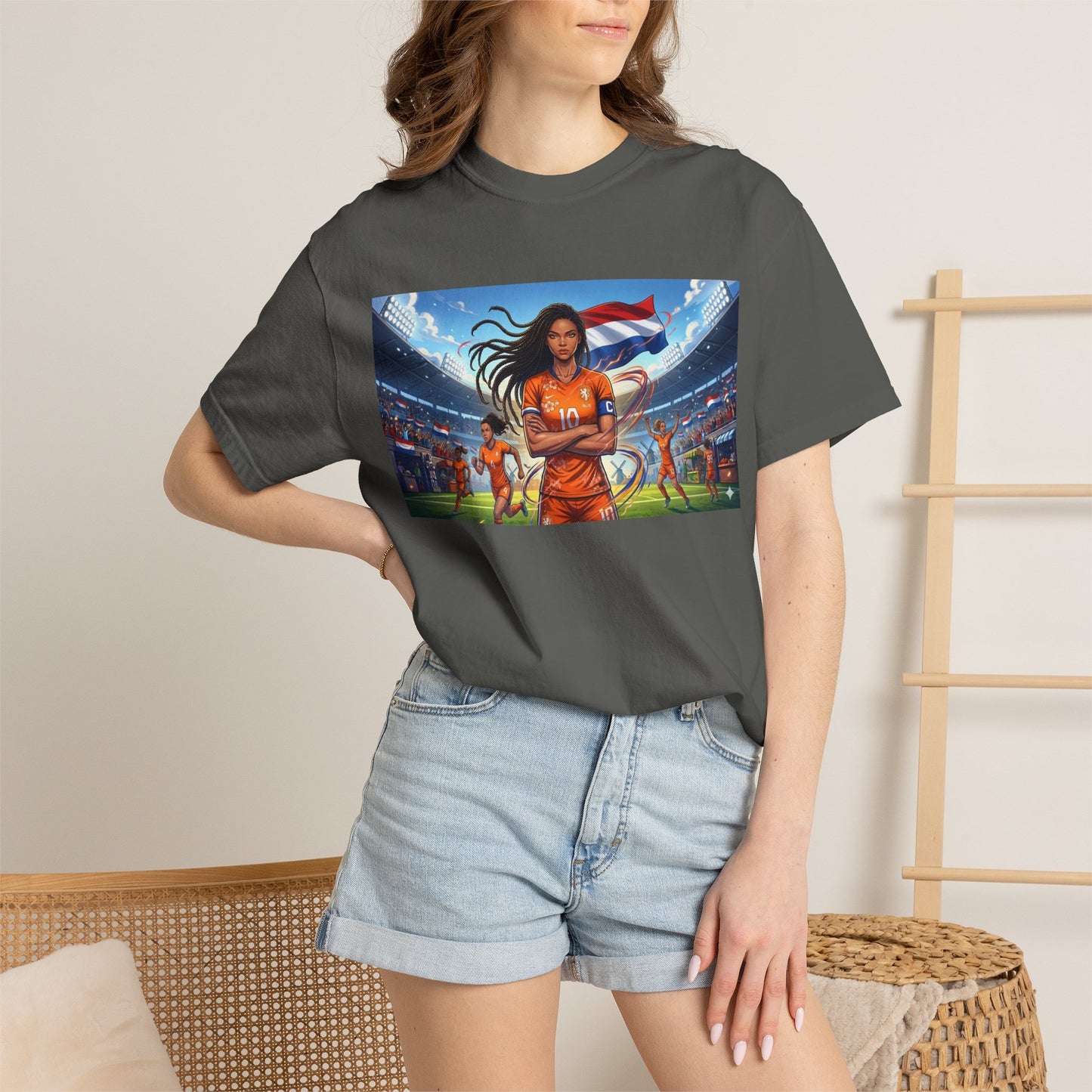 Soccer Warrior T-Shirt — Netherlands Female Captain with Flag Stadium Graphic