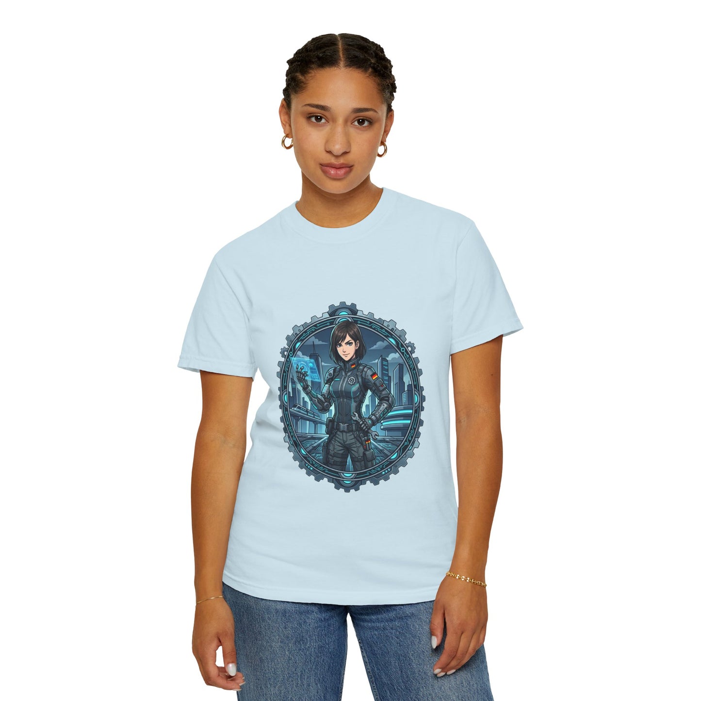 Cyber Ninja Graphic T-Shirt — Futuristic Female Warrior Illustration