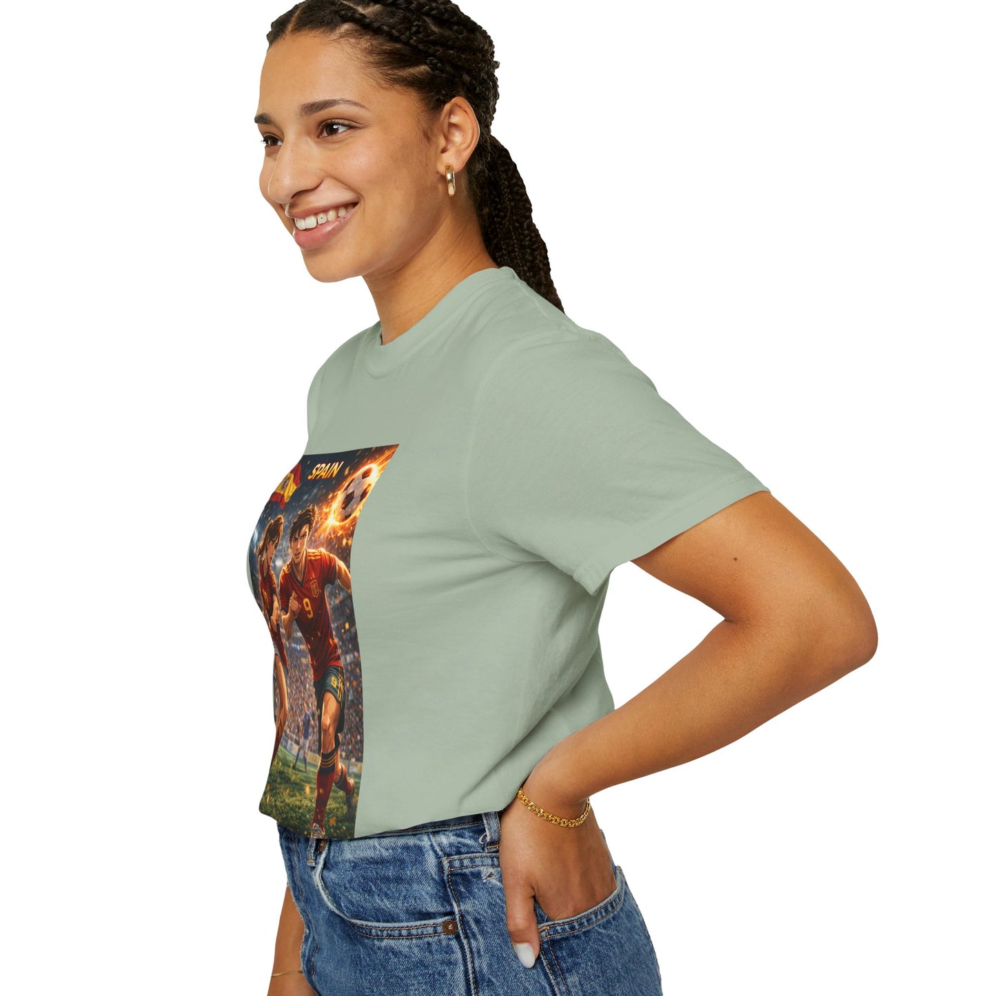 Spain Soccer Graphic T-Shirt — Retro Match Scene with Flag