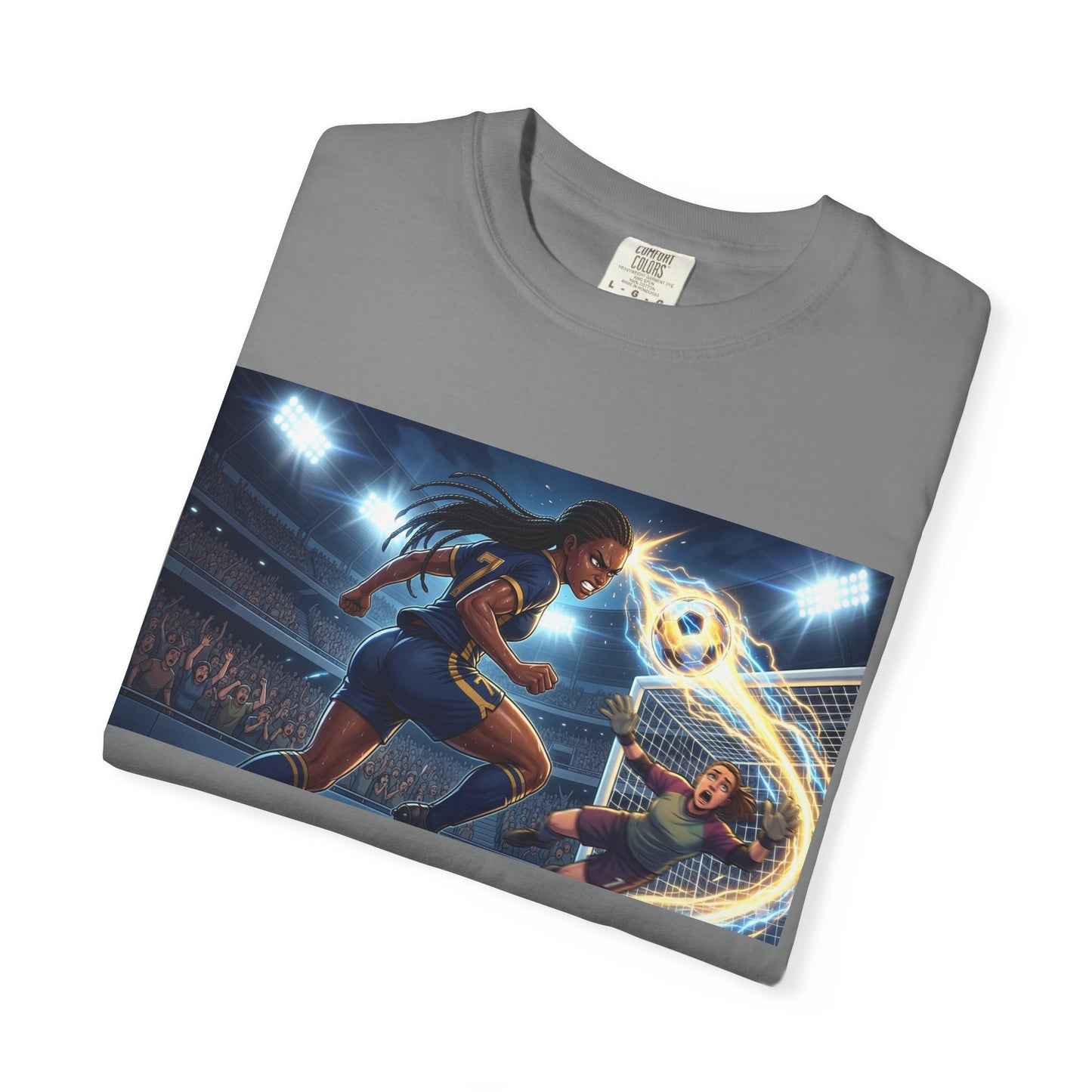 Soccer Duel Graphic T-Shirt — Futuristic Goalkeeper vs Striker Stadium Print