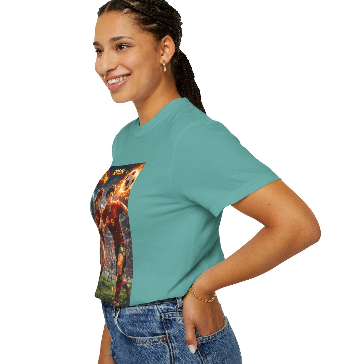 Spain Soccer Graphic T-Shirt — Retro Match Scene with Flag