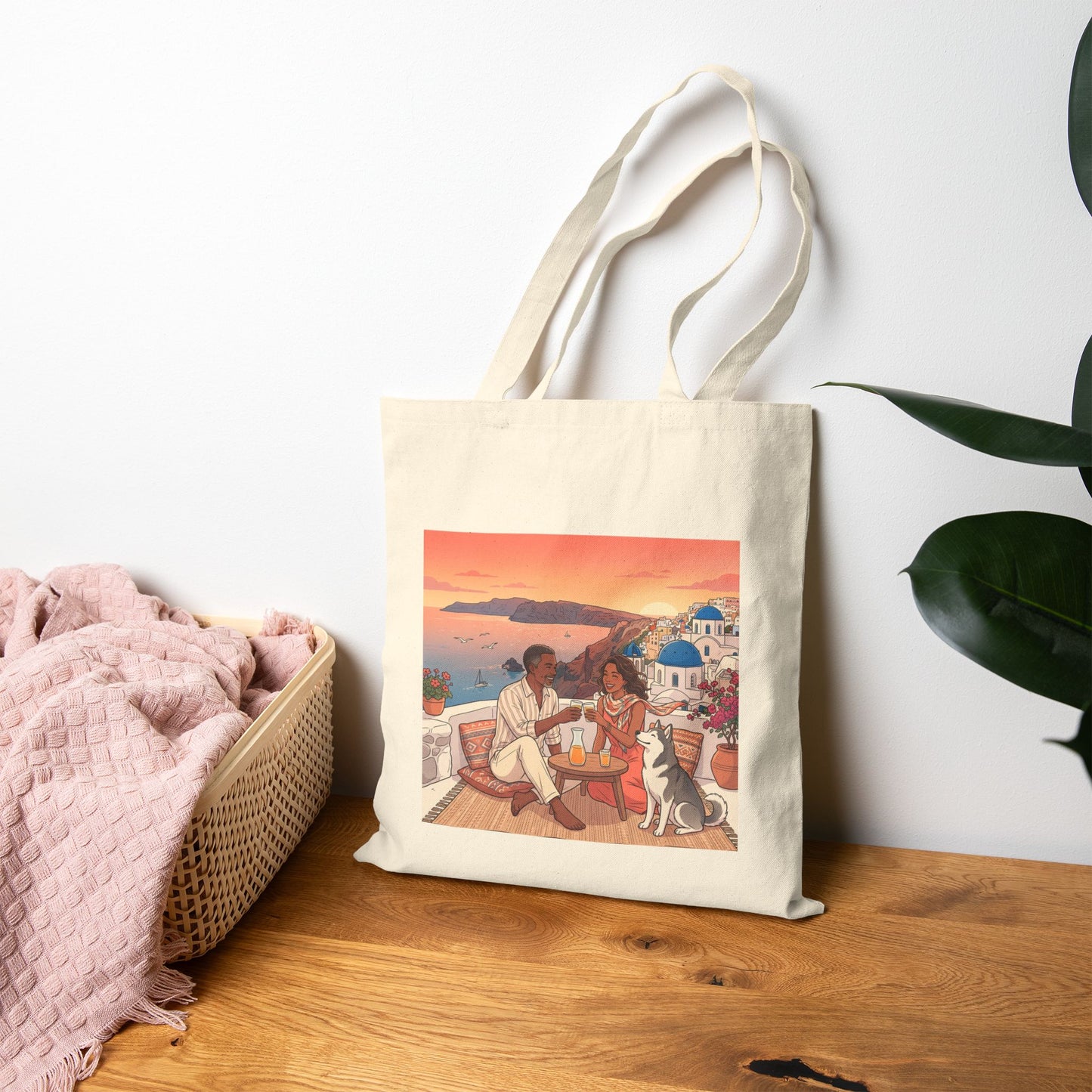 Santorini Sunset Beach Tote — Romantic Couple & Dog Canvas Bag