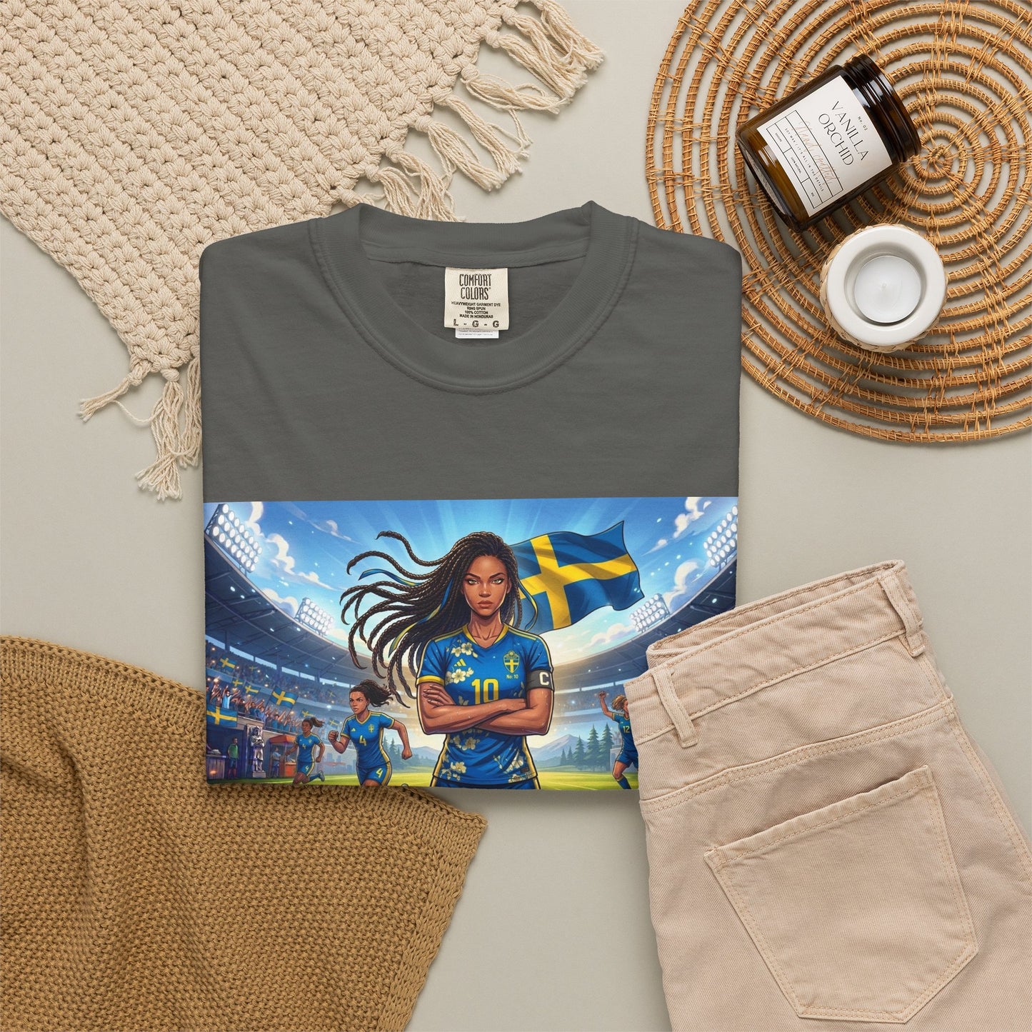 Swedish Soccer Pride T-Shirt — Female Footballer with Flag Stadium Design