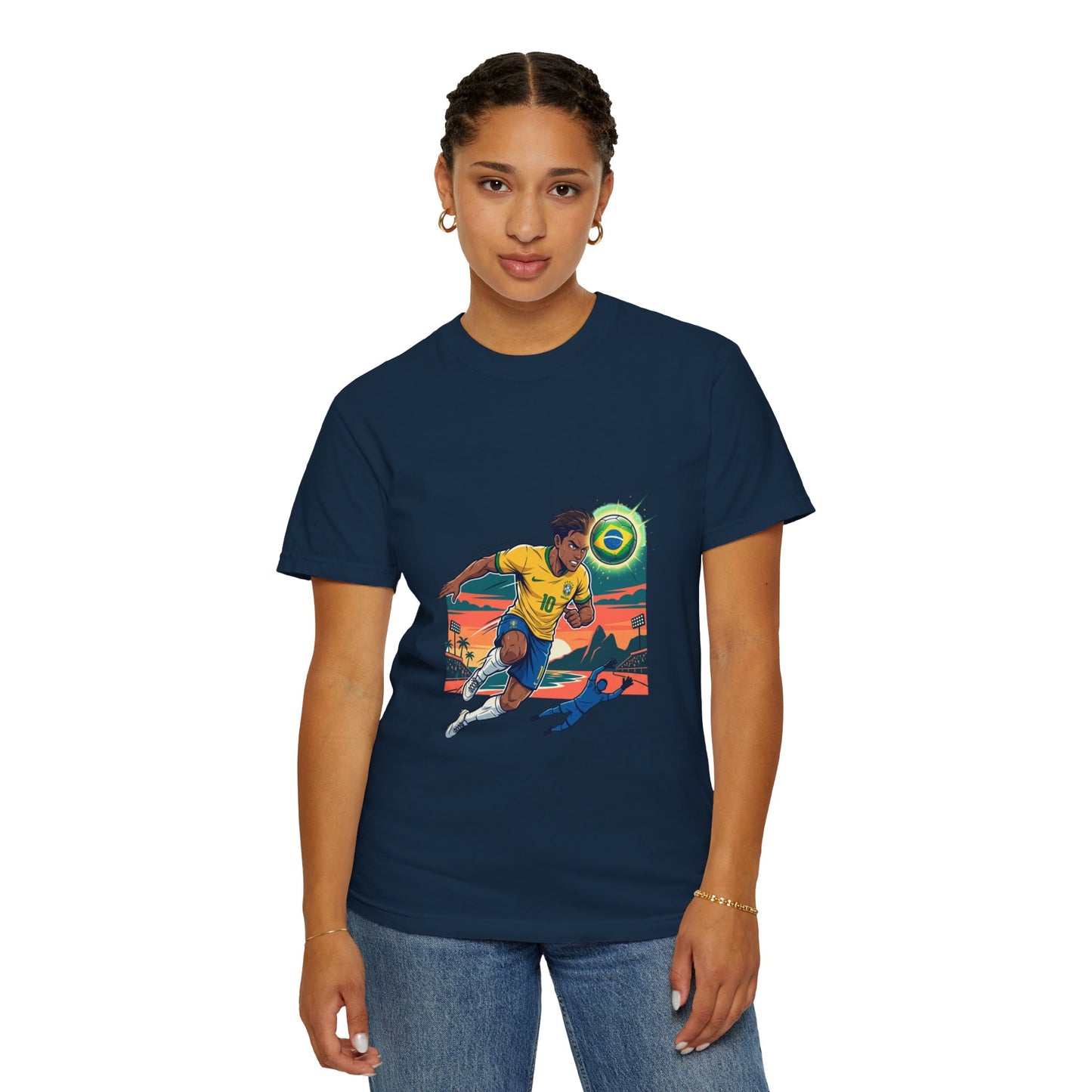 Brazil Soccer Player Graphic T-Shirt — Retro Sunset Football Tee