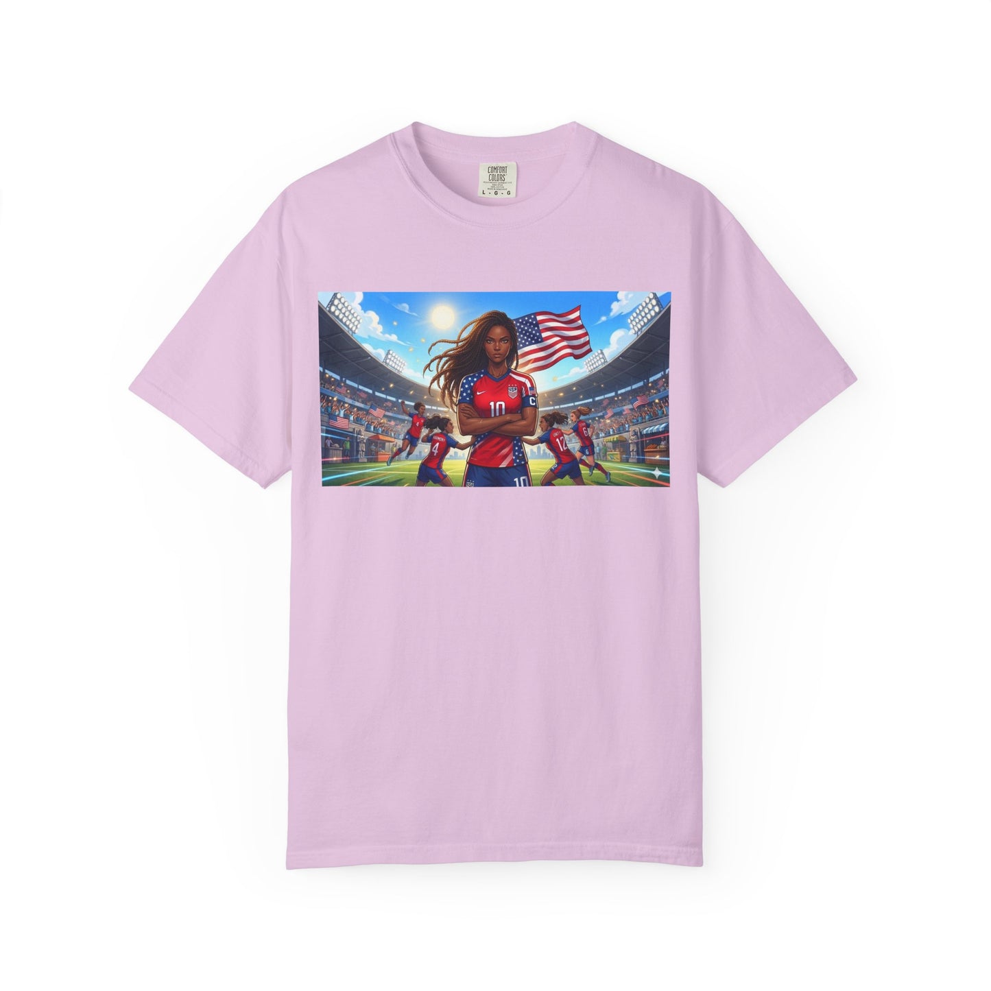 Soccer Mom USA T-Shirt — Female Soccer Player with American Flag Stadium Graphic