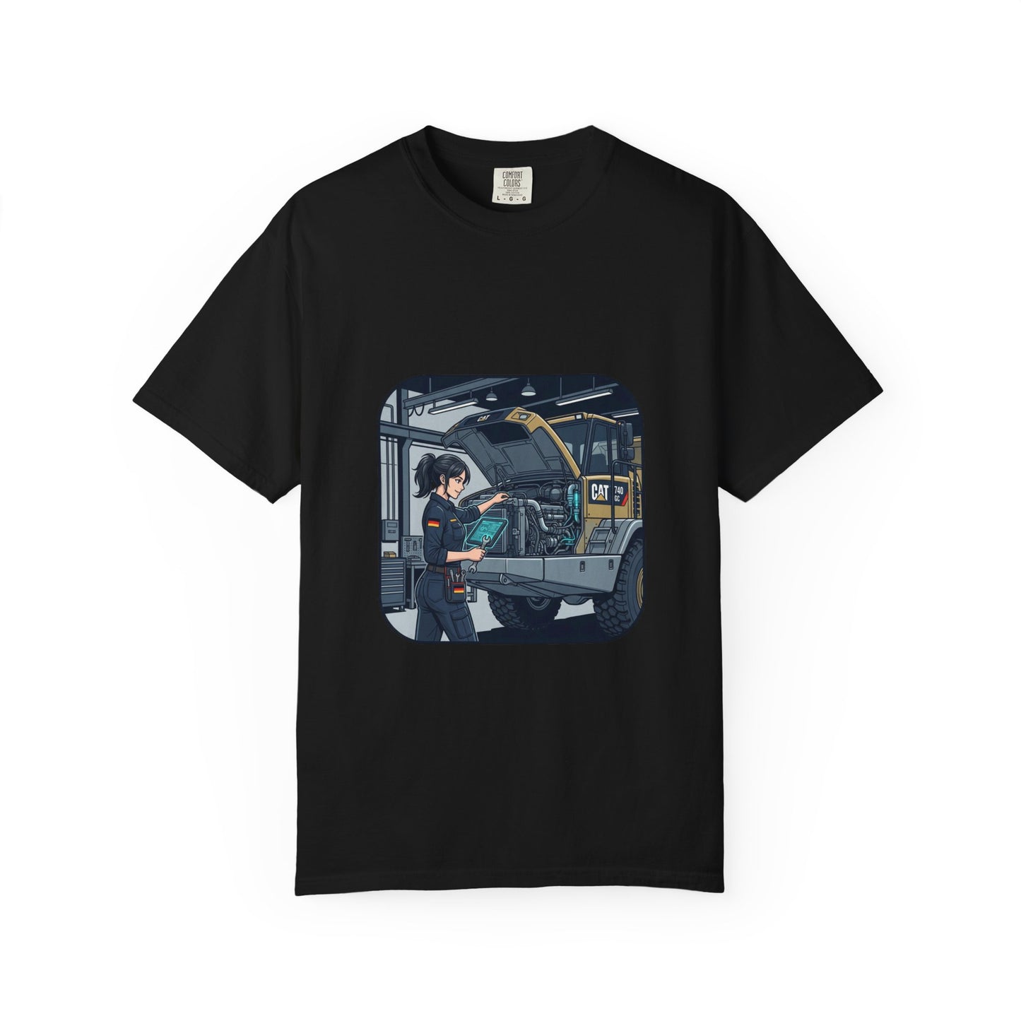 Mechanic Garage Scene T-Shirt — Vintage Truck Repair Illustration