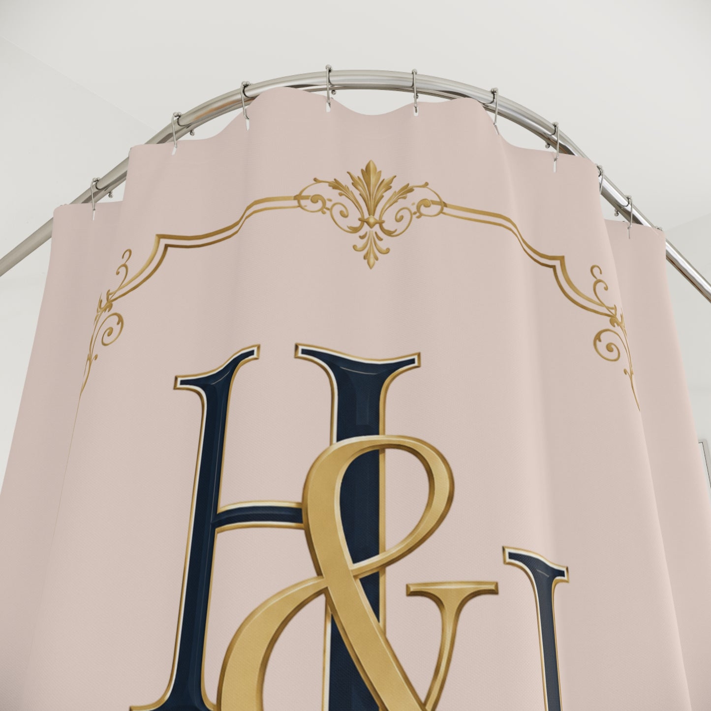 His & Hers Monogram Shower Curtain – Elegant Blush and Gold Bathroom Decor