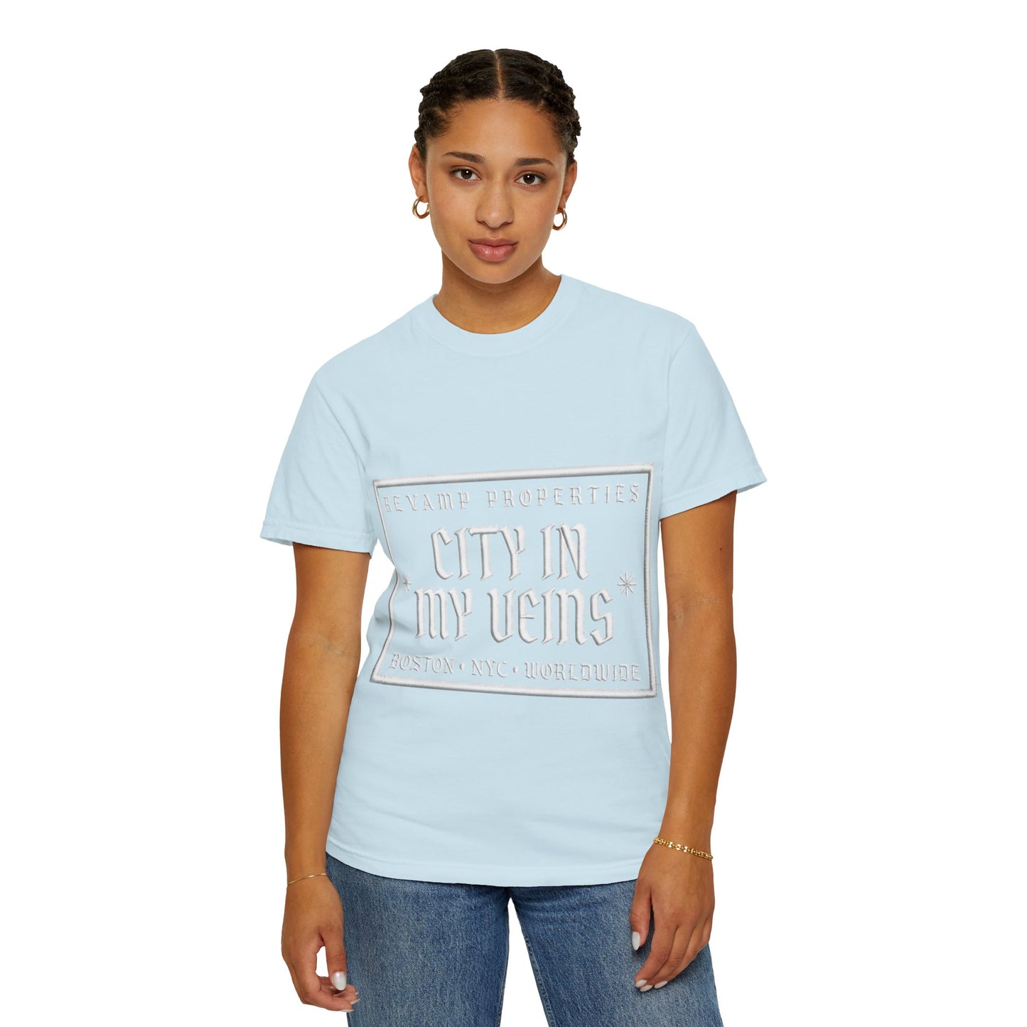 City In My Veins T‑Shirt — Vintage Cityscape Tee (Boston • NYC • Manchester)