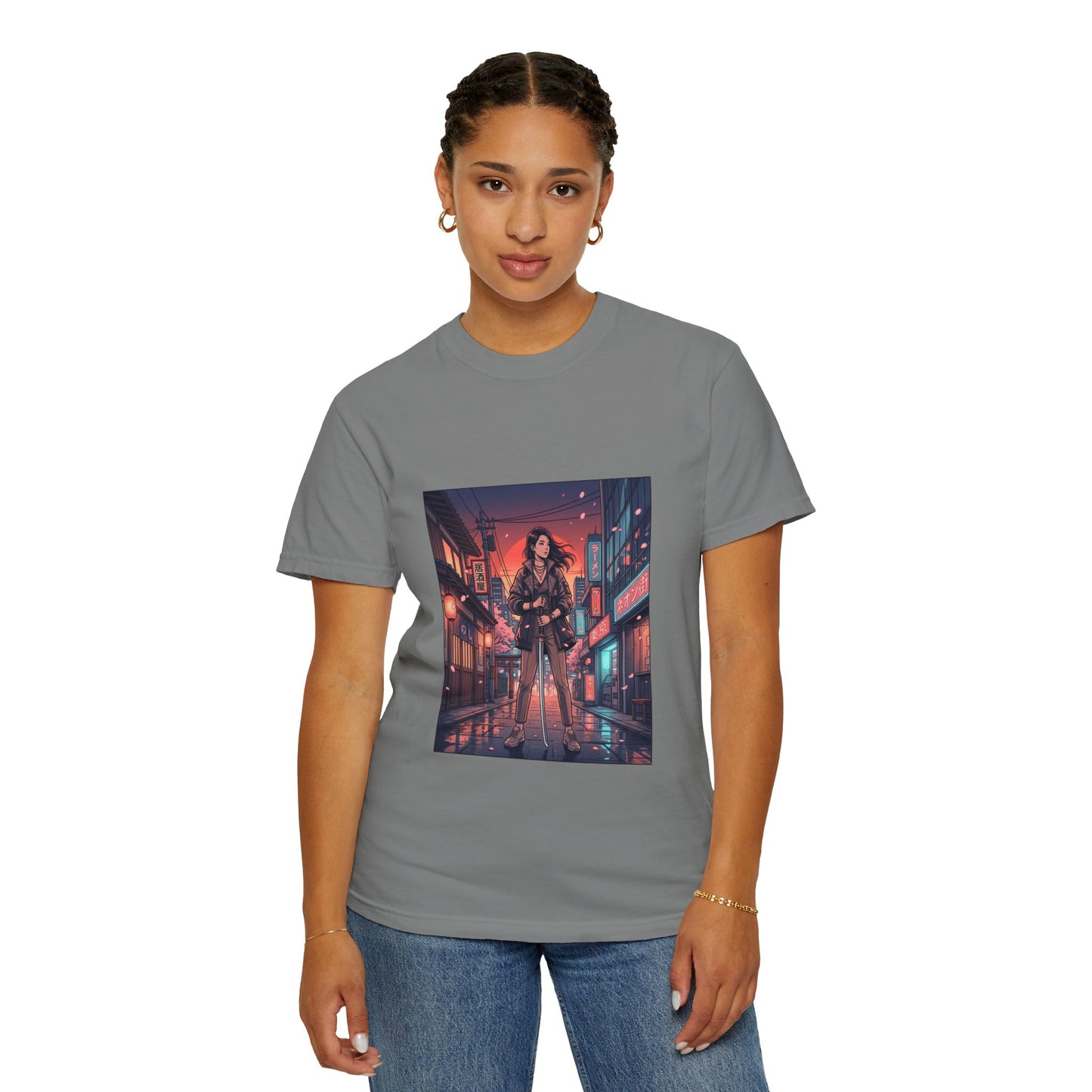 Cyberpunk Night Streets T‑Shirt — Neon Samurai Girl Graphic Tee