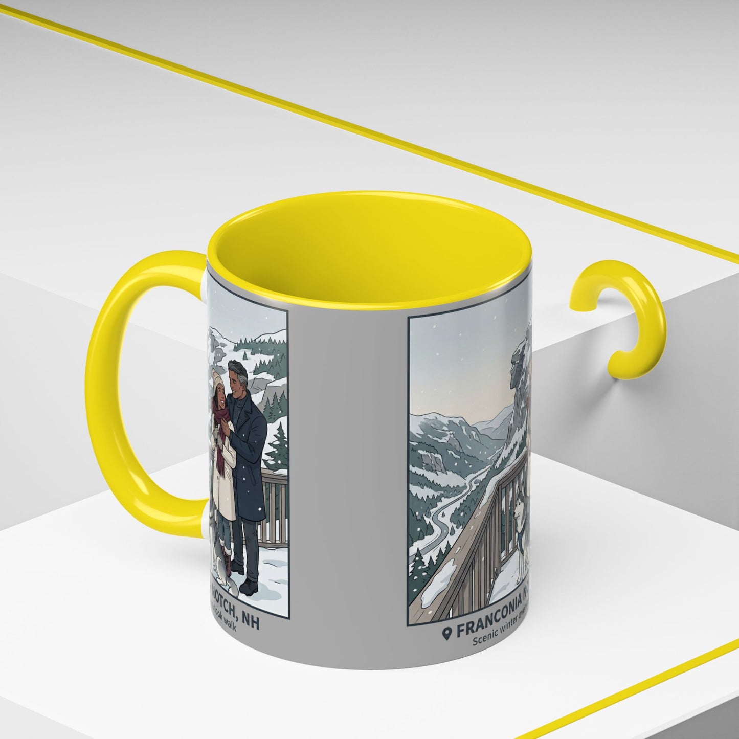 Franconia Notch Scenic Winter Mug — Couples & Dog Snowy Overlook Coffee Cup (11/15oz)
