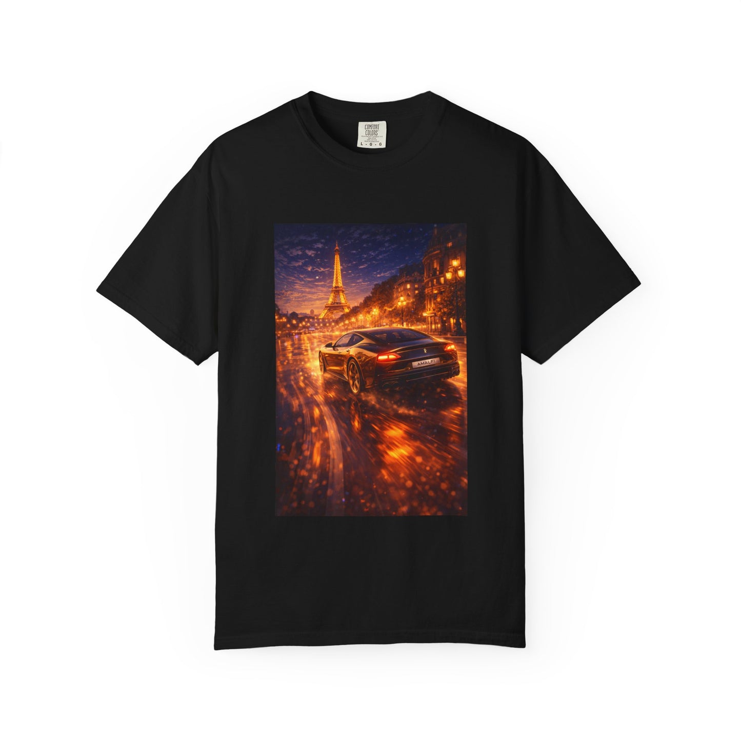 Paris Night Drive T-Shirt — Sports Car in Rainy Cityscape