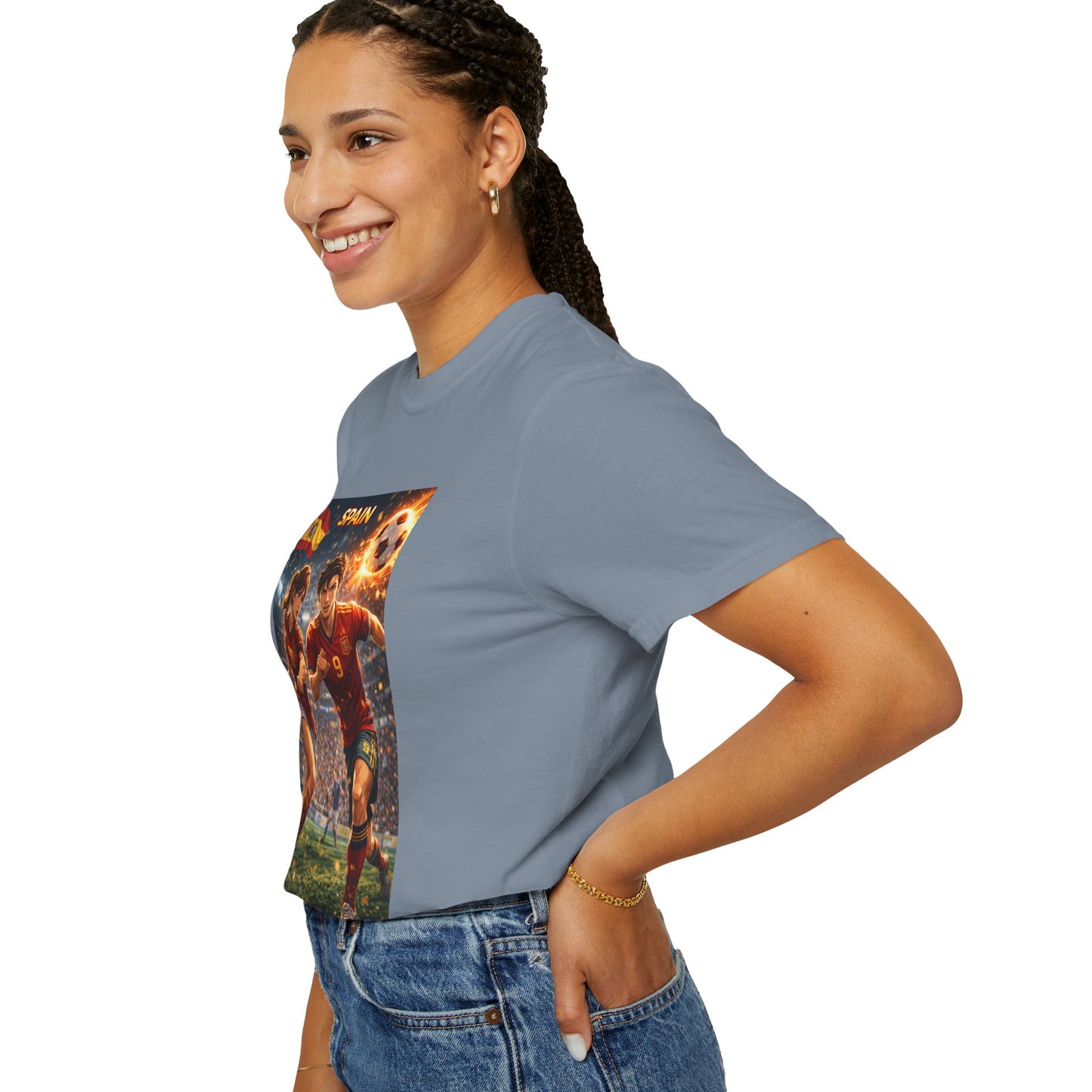 Spain Soccer Graphic T-Shirt — Retro Match Scene with Flag