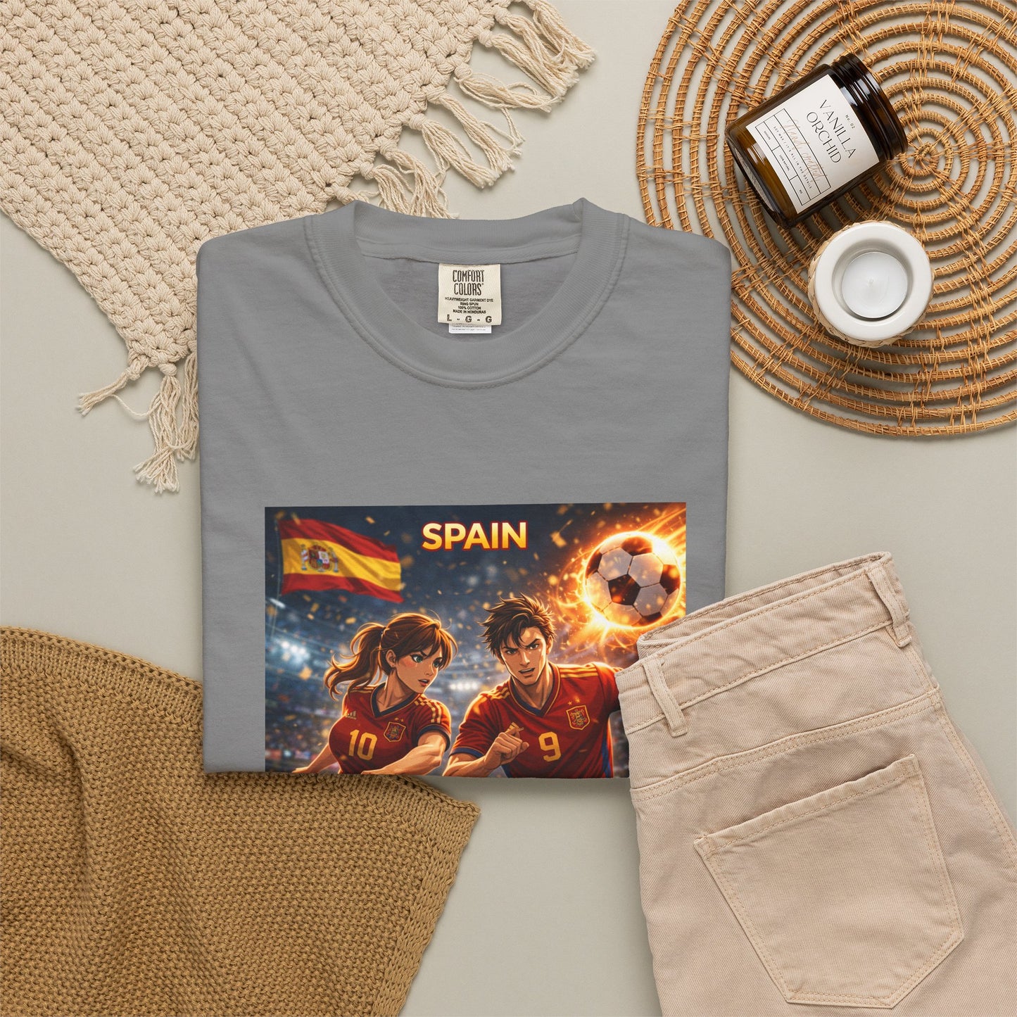 Spain Soccer Graphic T-Shirt — Retro Match Scene with Flag