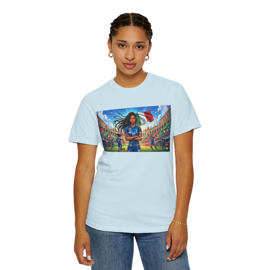 Italian Soccer Fan T‑Shirt – Inspirational Female Player with Italy Flag Stadium Print